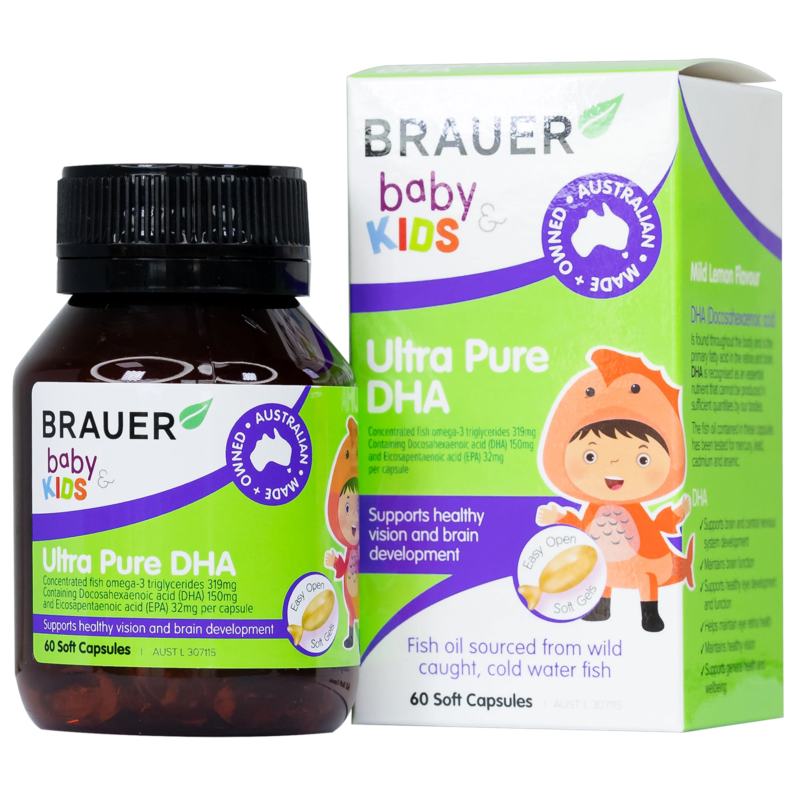 Viên hỗ trợ phát triển não bộ sức khỏe cho mắt Brauer Baby & Kids Ultra Pure DHA (60 viên)