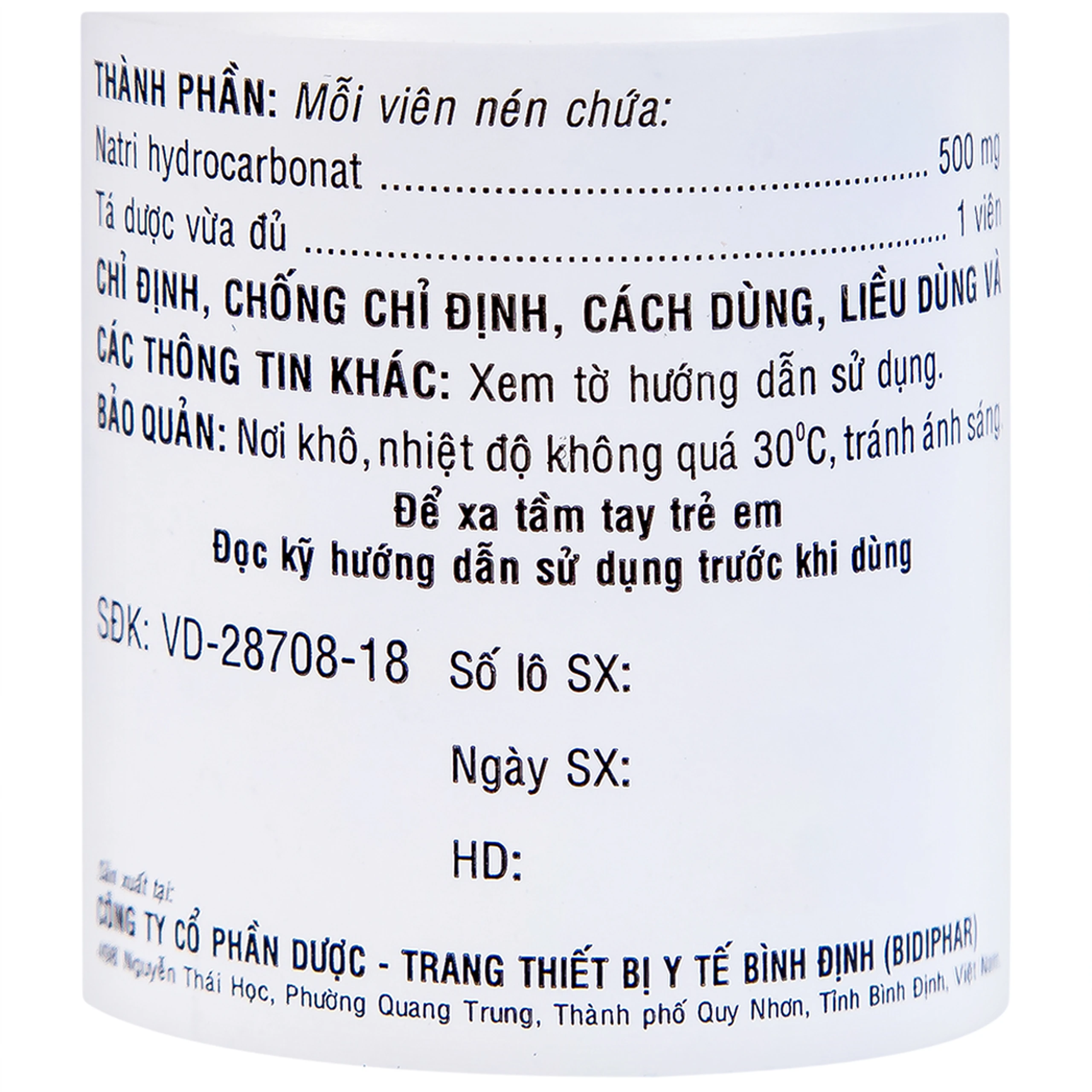 Thuốc Natri Bicarbonat 500mg Bidiphar điều trị nhiễm toan chuyển hóa, khó tiêu hóa, ợ nóng (160 viên)