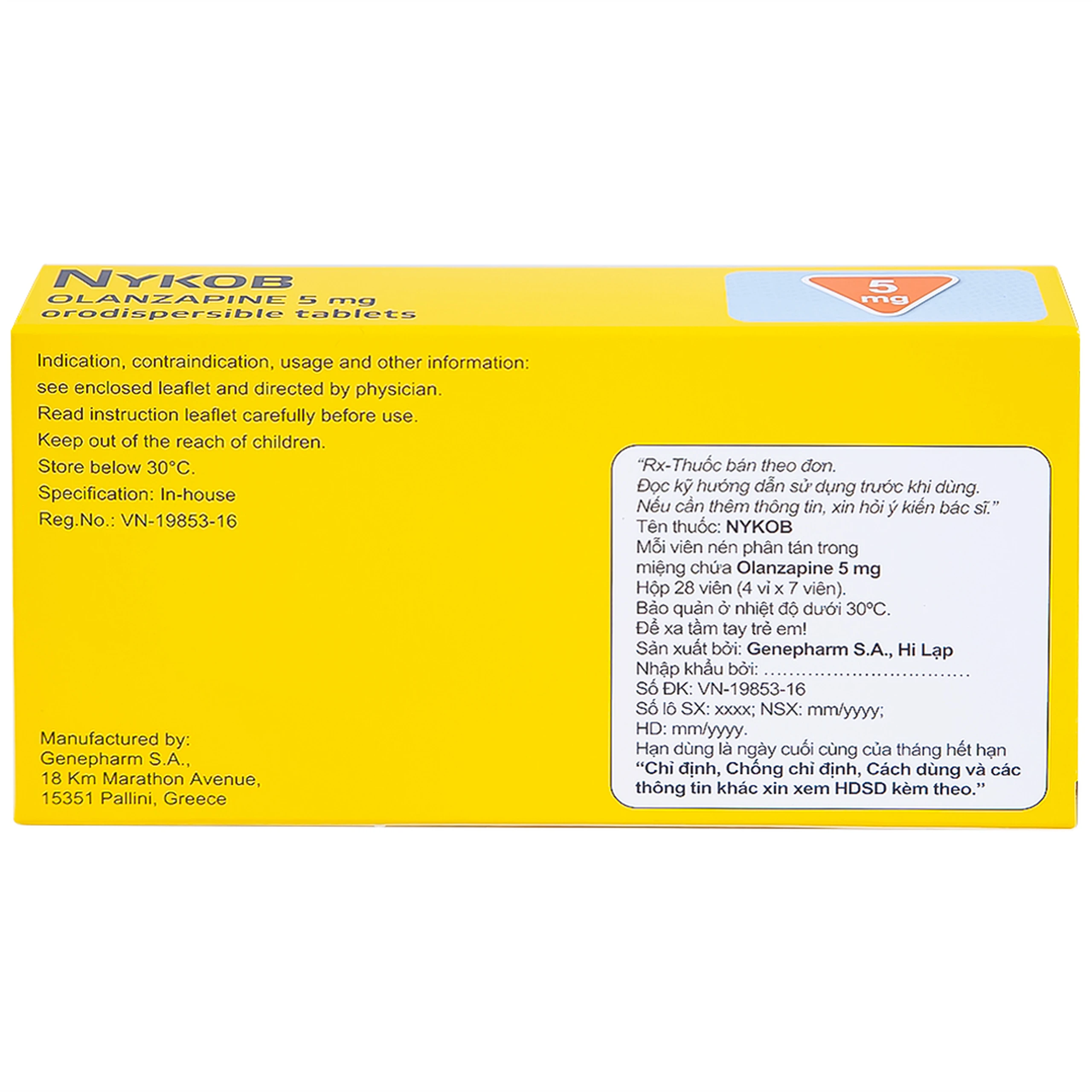 Viên nén Nykob 5mg Genepharm SA điều trị tâm thần phân liệt (4 vỉ x 7 viên)