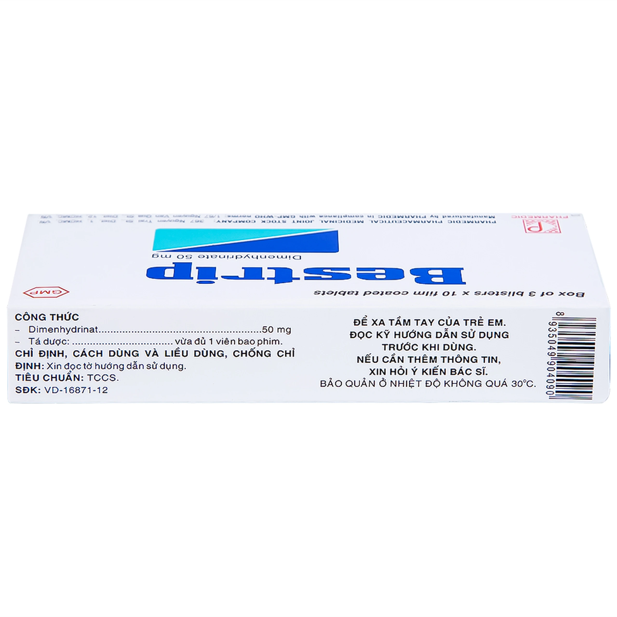 Thuốc Bestrip 50mg Pharmedic phòng và điều trị các chứng buồn nôn do say tàu xe (3 vỉ x 10 viên)