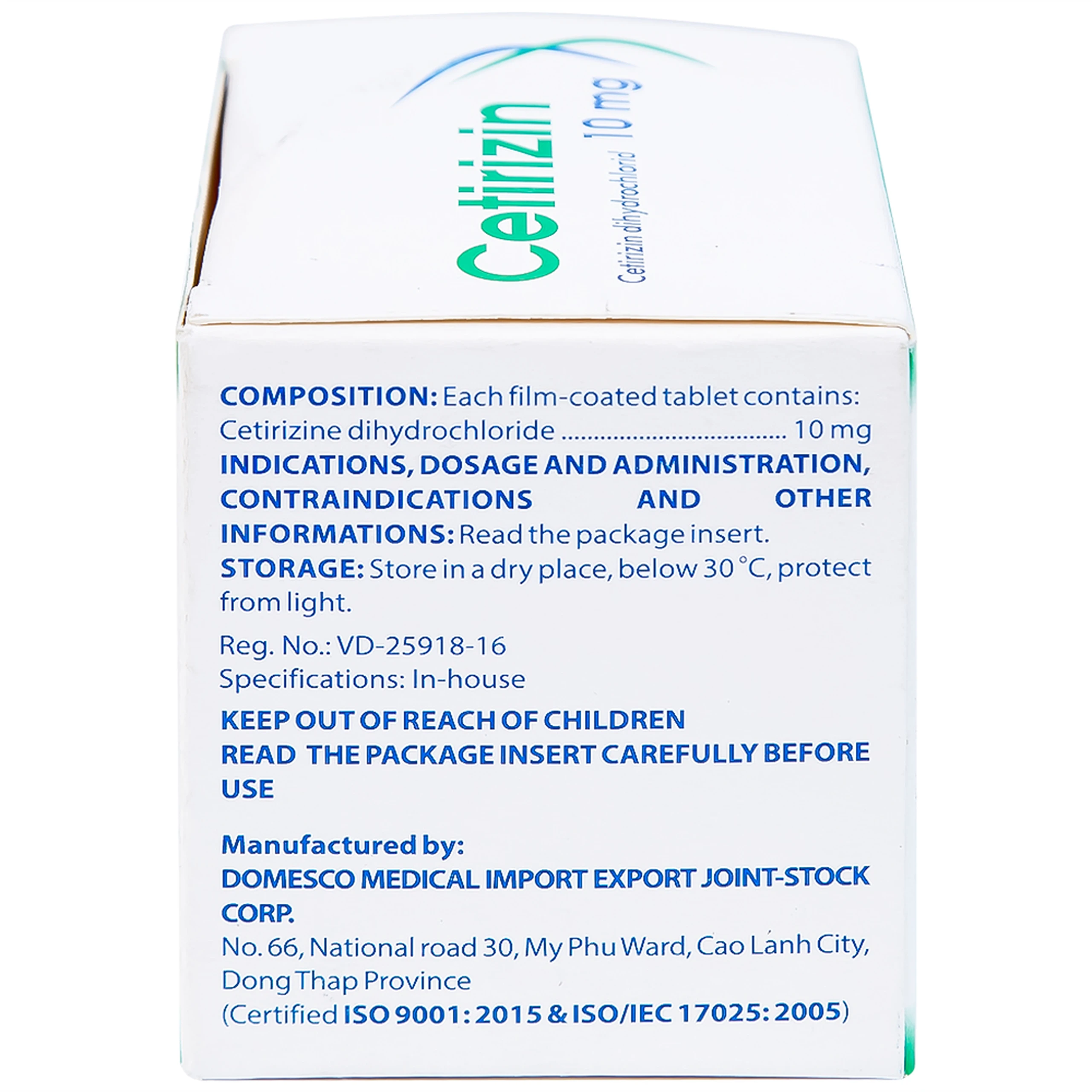 Thuốc Cetirizin 10mg Domesco điều trị viêm mũi dị ứng, mày đay (10 vỉ x 10 viên)