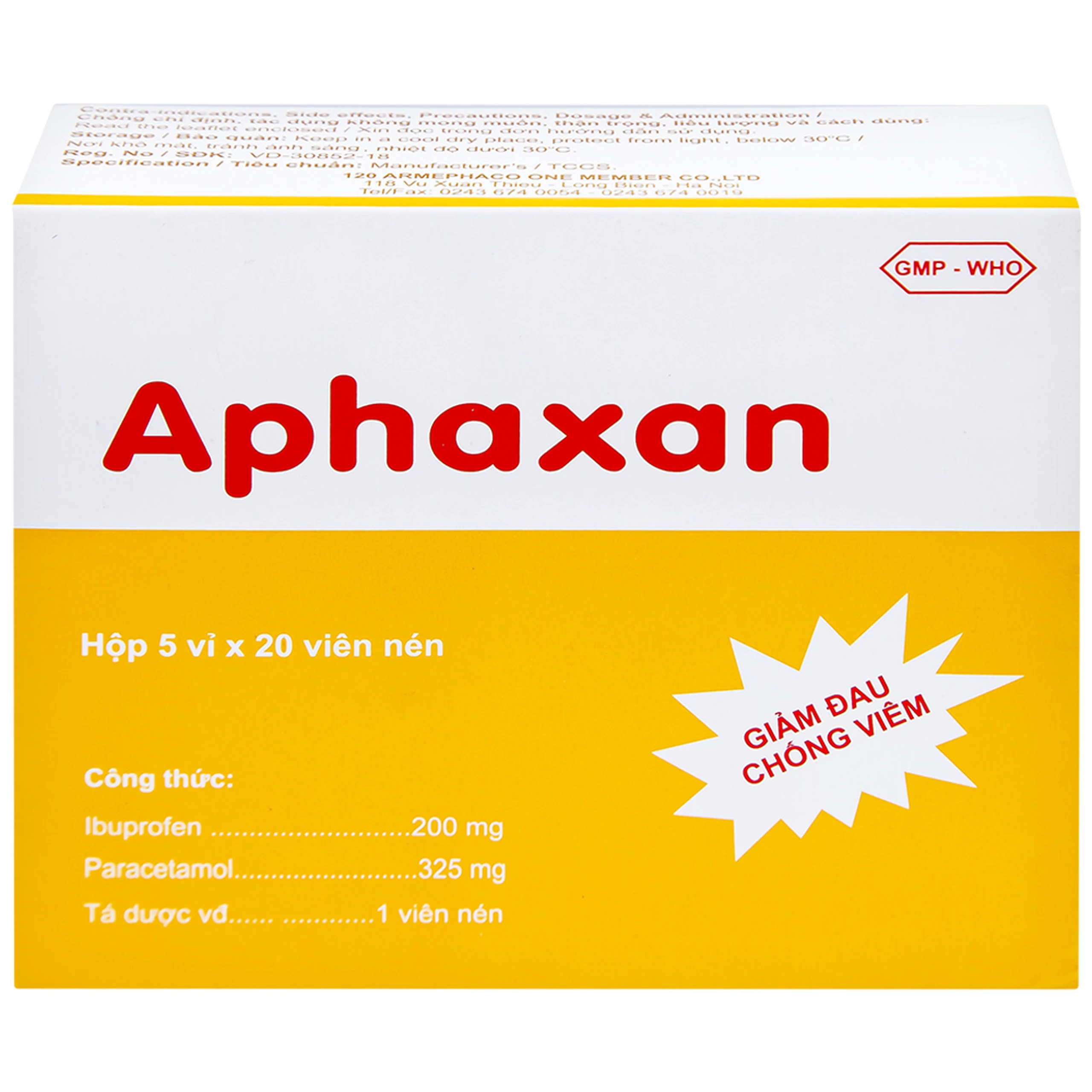 Thuốc Aphaxan Armephaco giảm đau, chống viêm (5 vỉ x 20 viên)