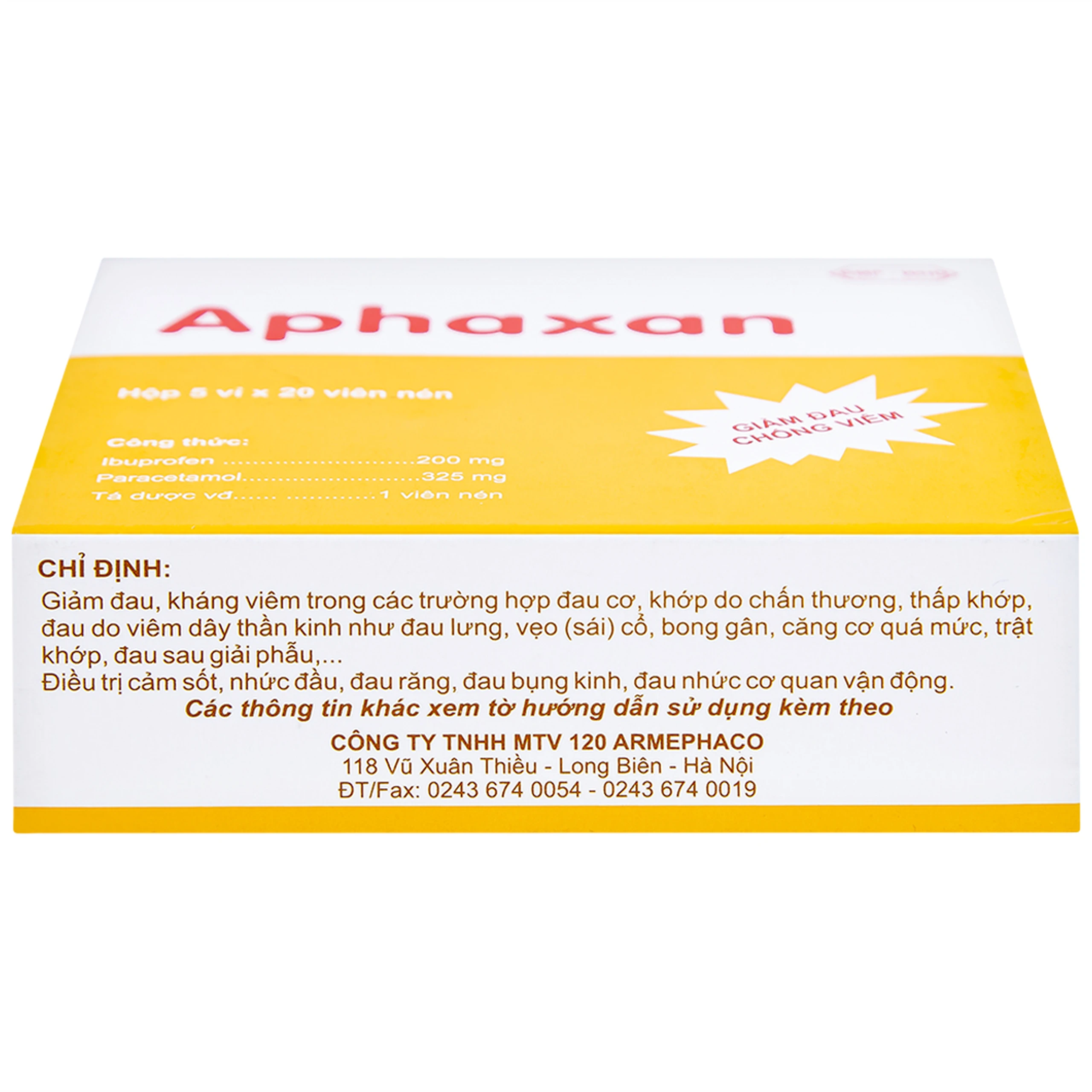 Thuốc Aphaxan Armephaco giảm đau, chống viêm (5 vỉ x 20 viên)