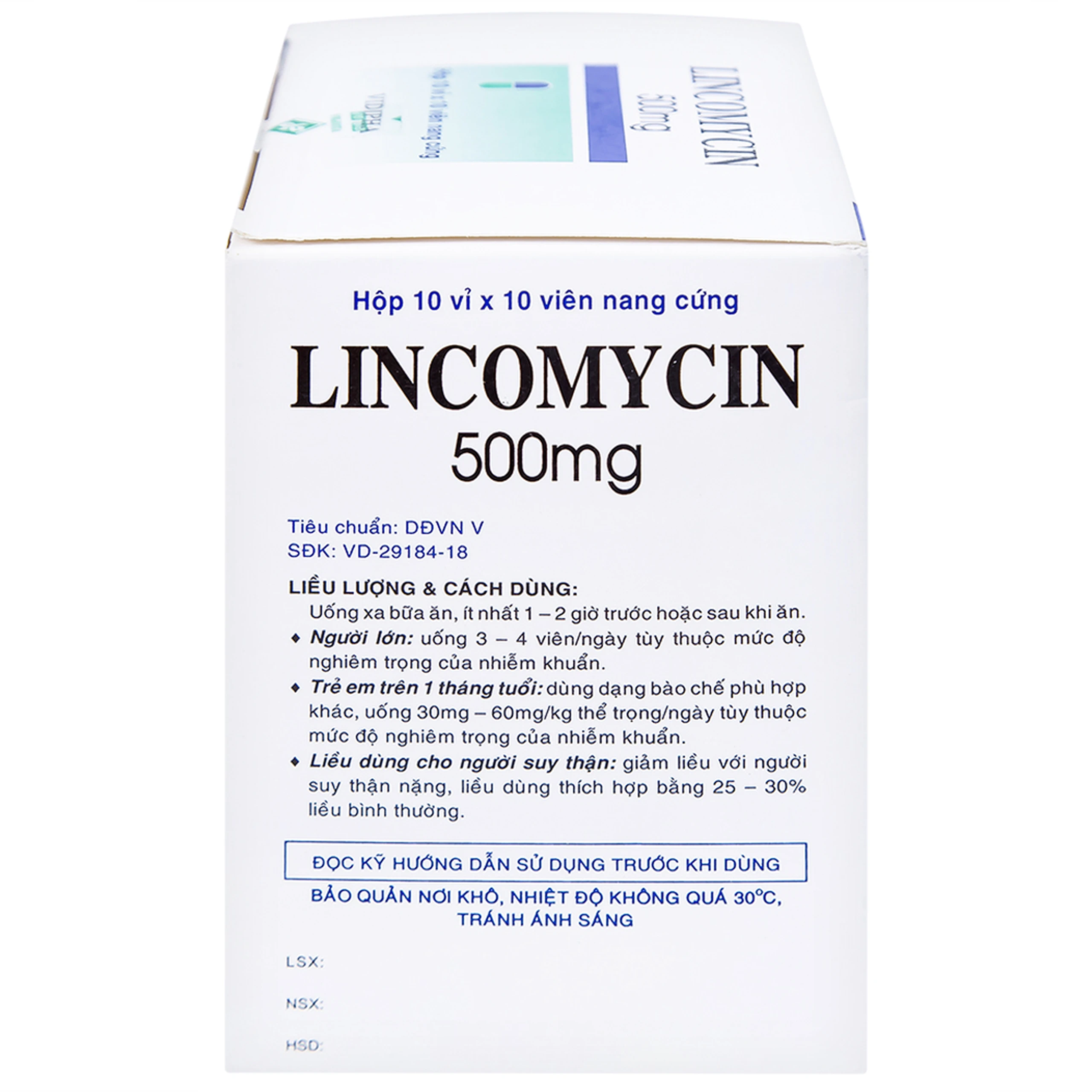 Thuốc Lincomycin 500mg Vidipha điều trị nhiễm khuẩn tai mũi họng, phế quản, phổi (10 vỉ x 10 viên)