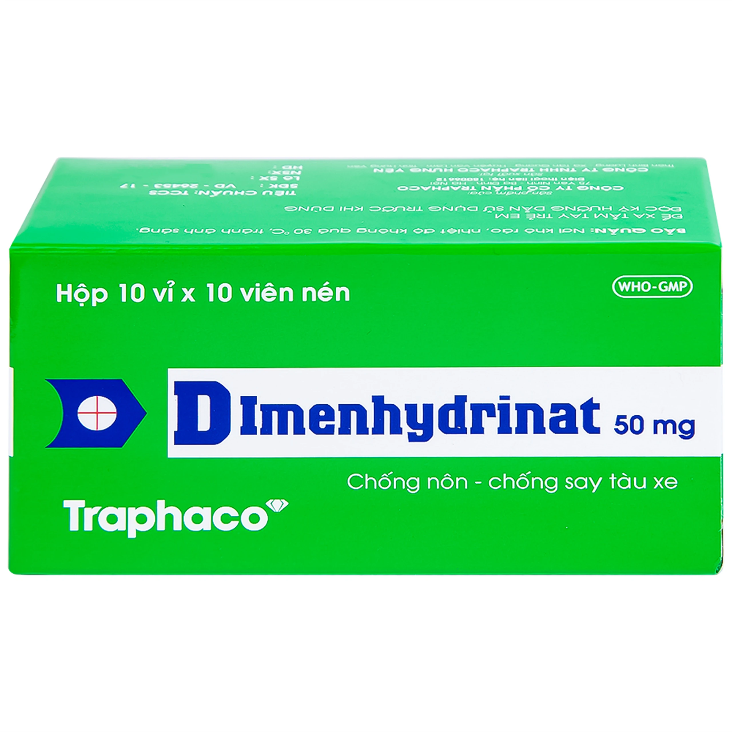 Thuốc Dimenhydrinat 50mg Traphaco chống nôn, chống say tàu xe (10 vỉ x 10 viên)
