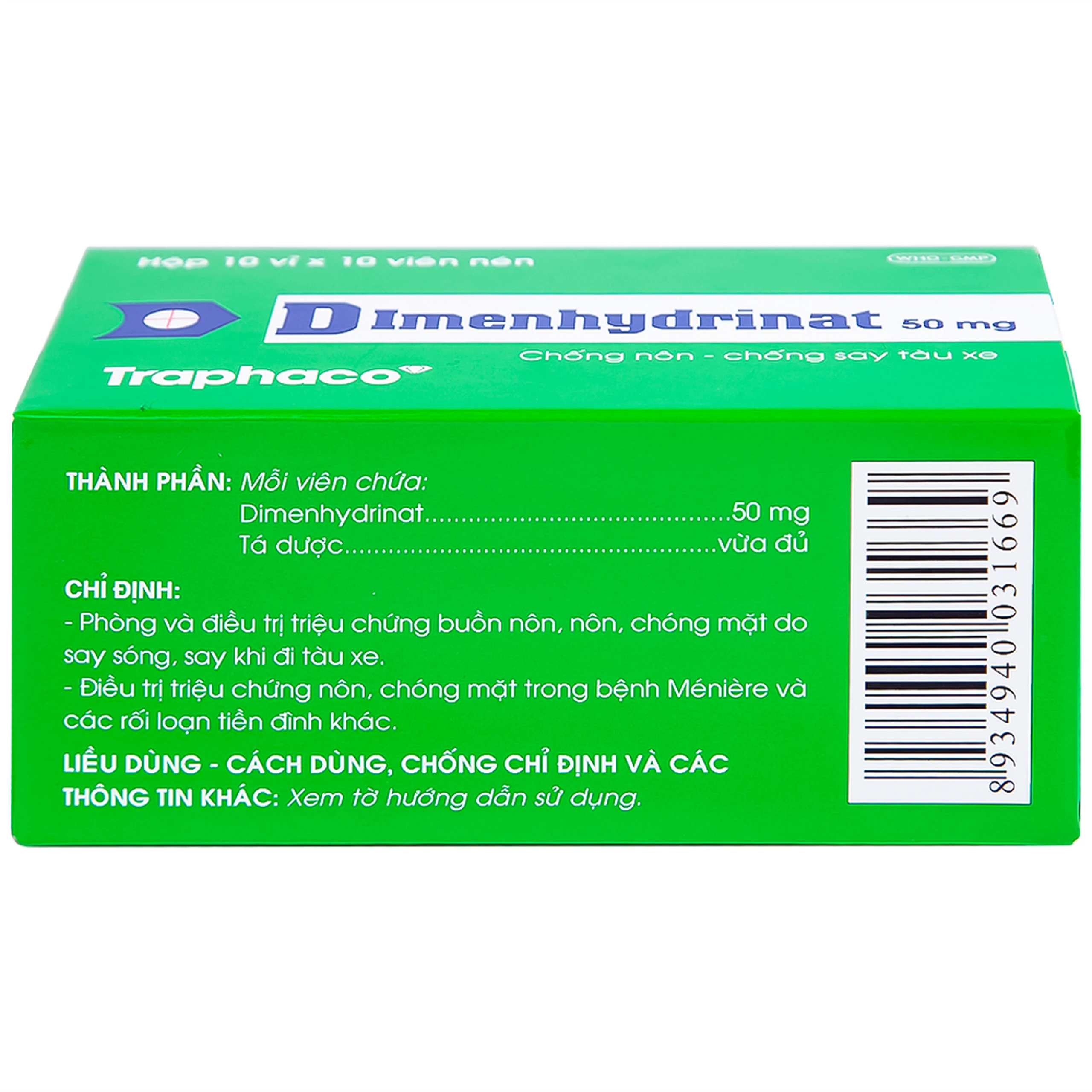 Thuốc Dimenhydrinat 50mg Traphaco chống nôn, chống say tàu xe (10 vỉ x 10 viên)