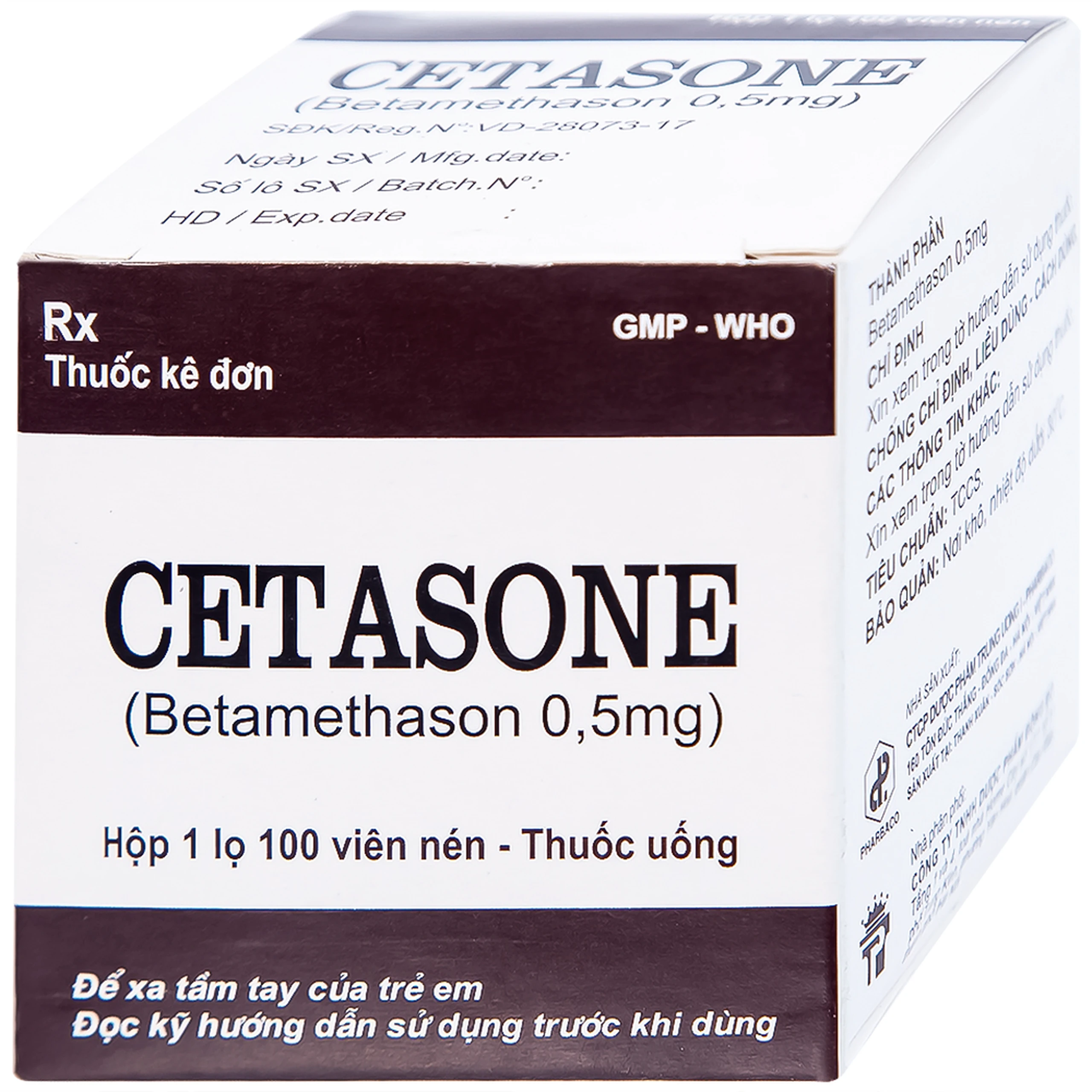 Thuốc Cetasone 0.5mg Pharbaco điều trị thấp khớp, bệnh hệ thống tạo keo (100 viên)