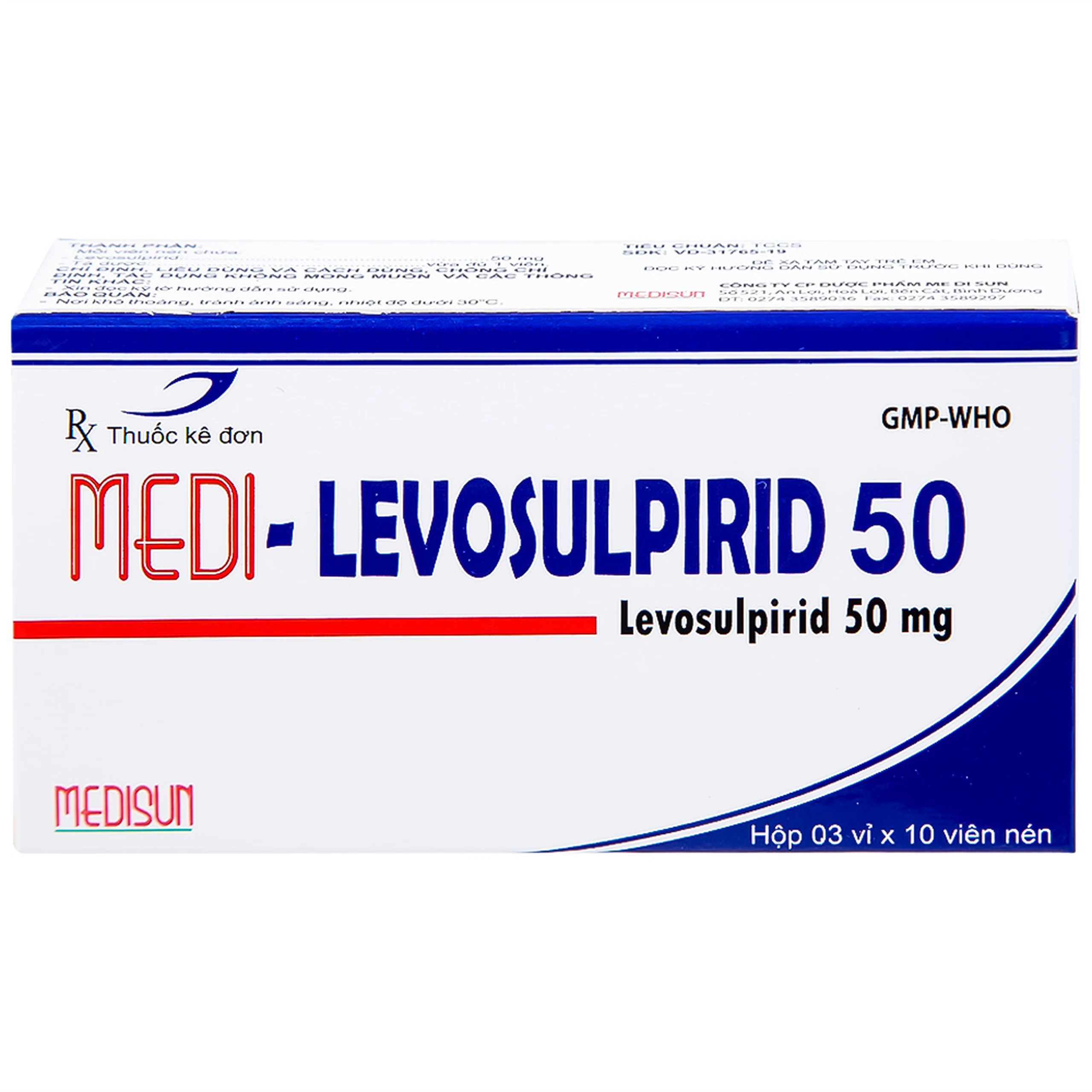 Viên nén Medi-Levosulpirid 50 Medisun điều trị tâm thần phân liệt, rối loạn tiêu hóa (3 vỉ x 10 viên)
