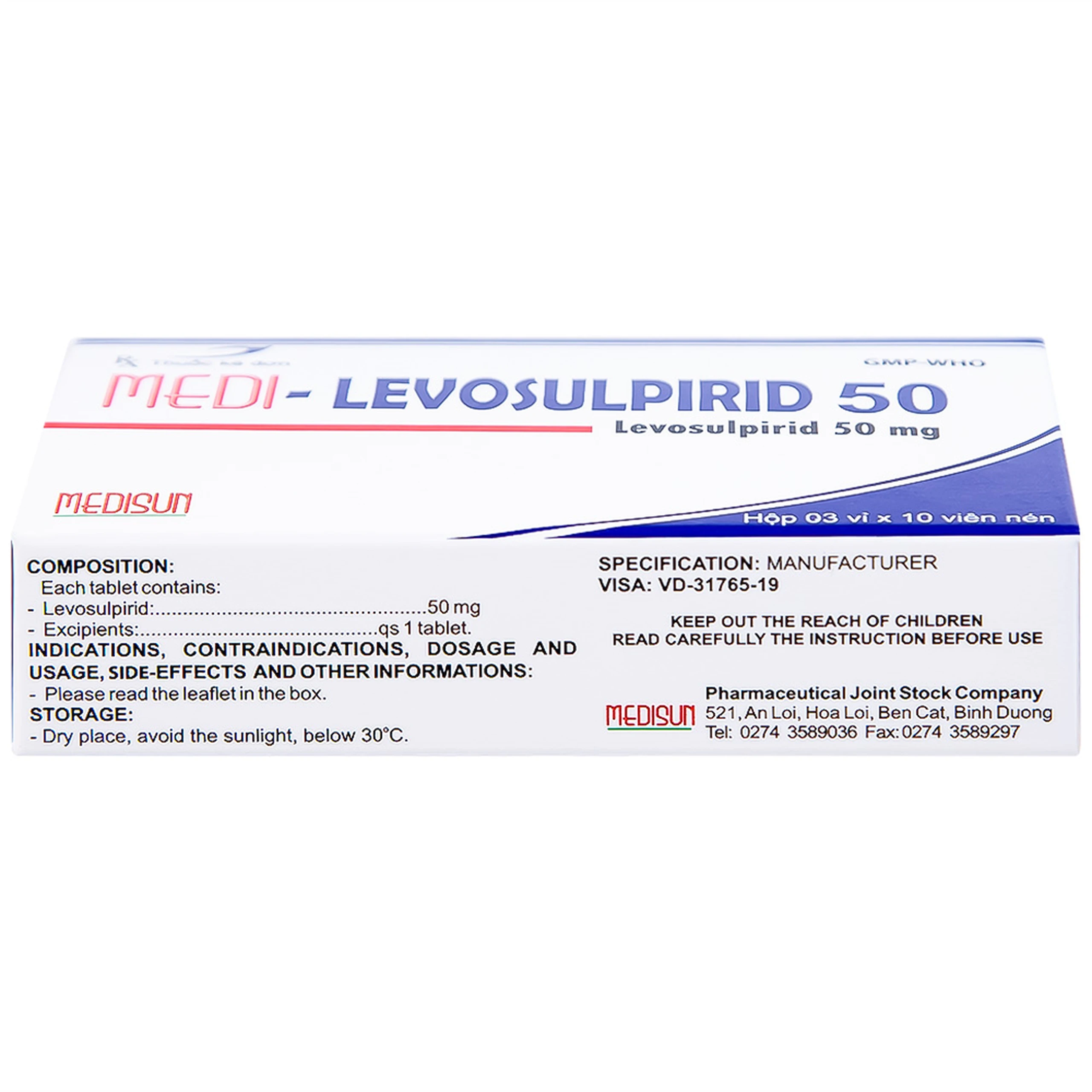 Viên nén Medi-Levosulpirid 50 Medisun điều trị tâm thần phân liệt, rối loạn tiêu hóa (3 vỉ x 10 viên)