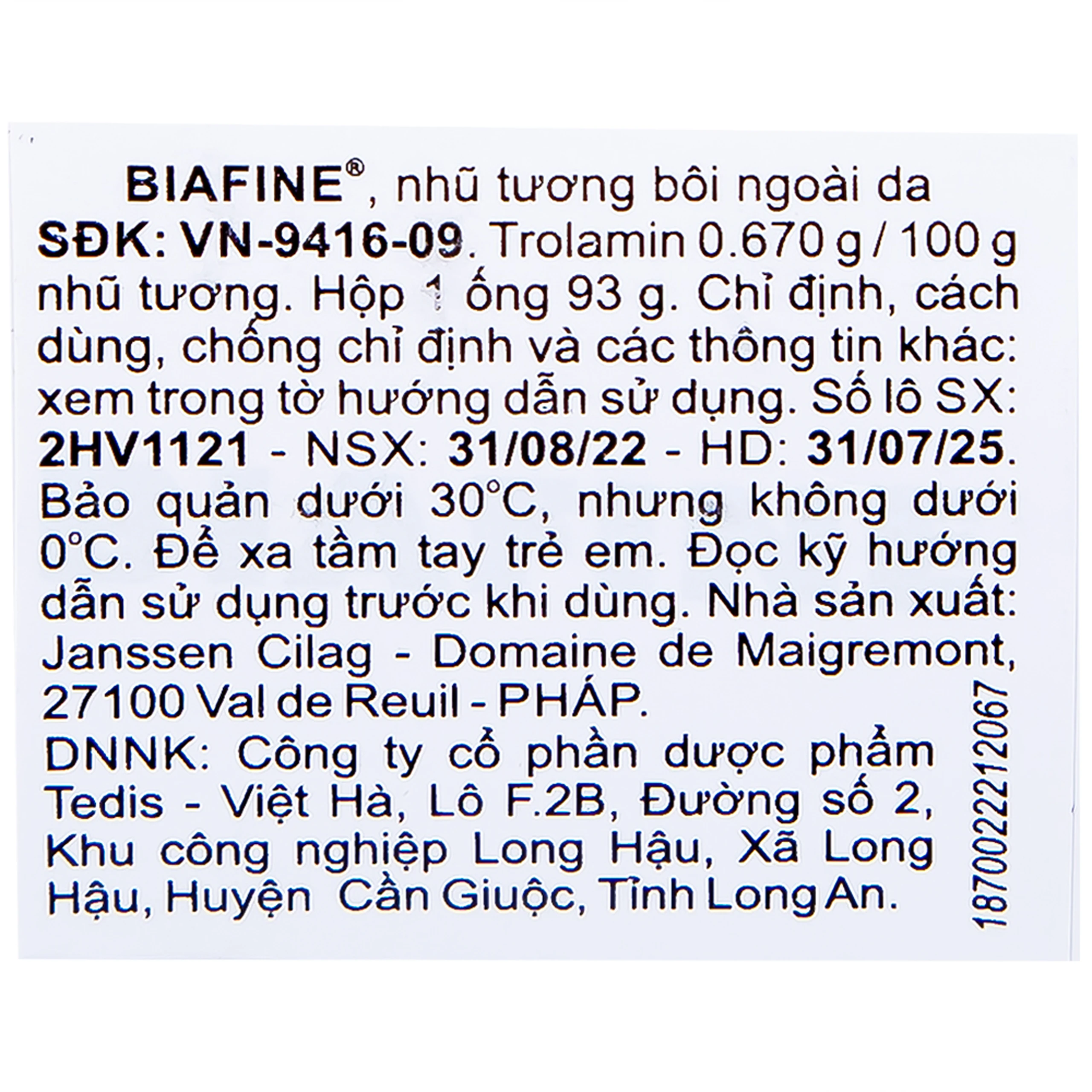 Nhũ tương Biafine Janssen điều trị bỏng độ 1, độ 2, các vết thương ngoài da không nhiễm trùng (93g)