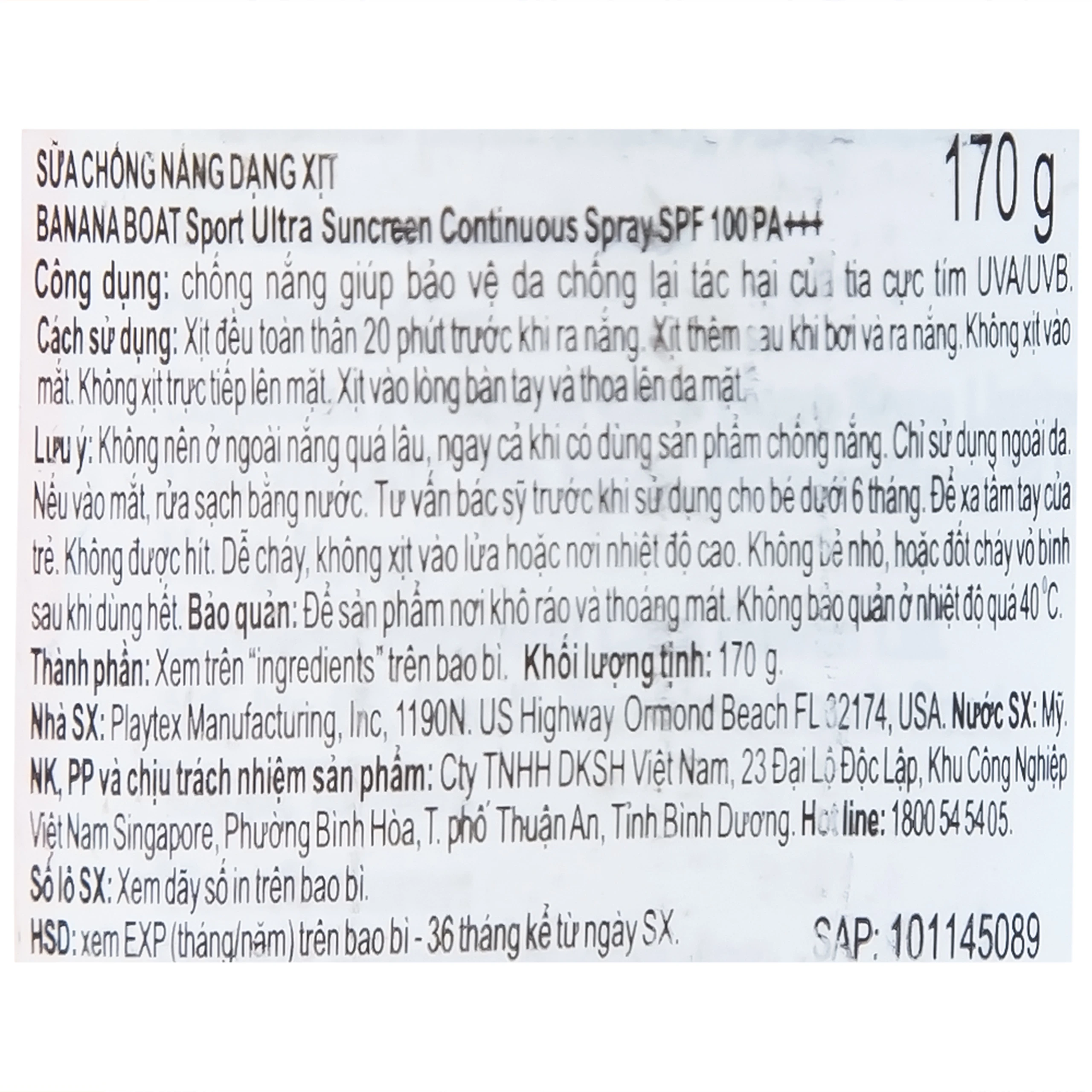 Chống nắng thể thao dạng xịt Banana Boat Sport Ultra SPF100 PA++++ có khả năng kháng nước (170g)