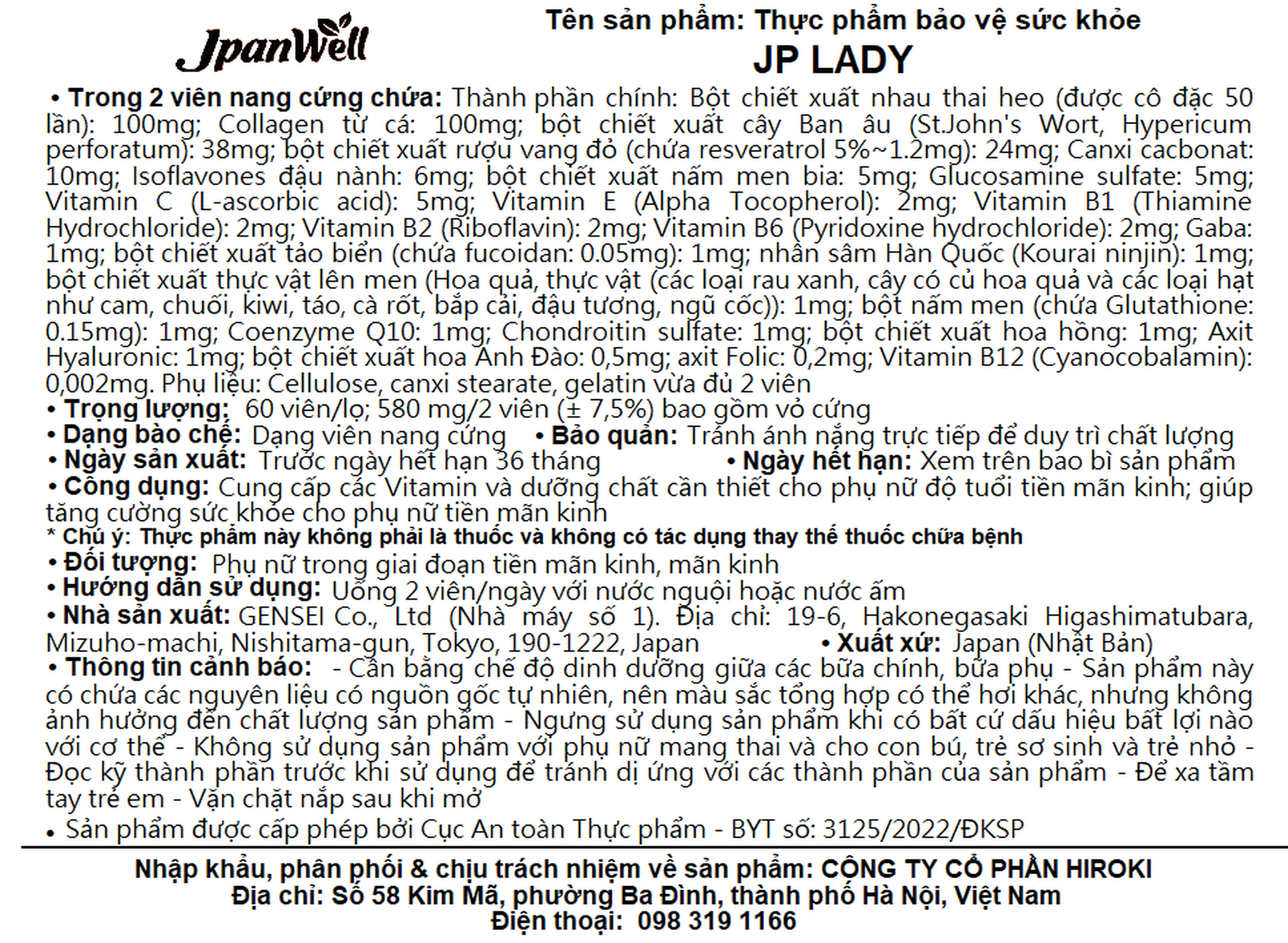 Viên uống tăng cường sức khỏe cho phụ nữ tiền mãn kinh JP Lady Jpanwell (60 viên)