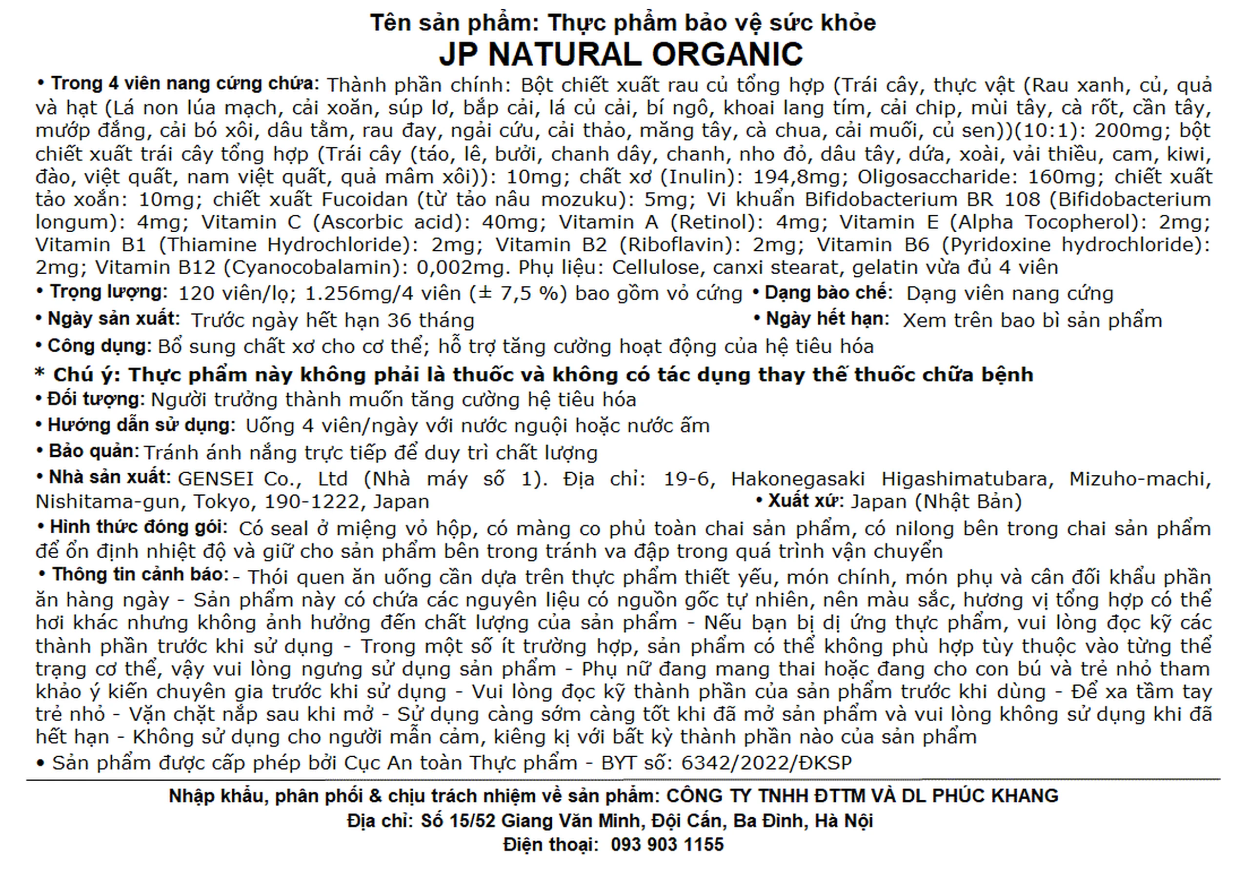 Viên uống bổ sung chất xơ, hỗ trợ hệ tiêu hóa JP Natural Organic Jpanwell (120 viên)