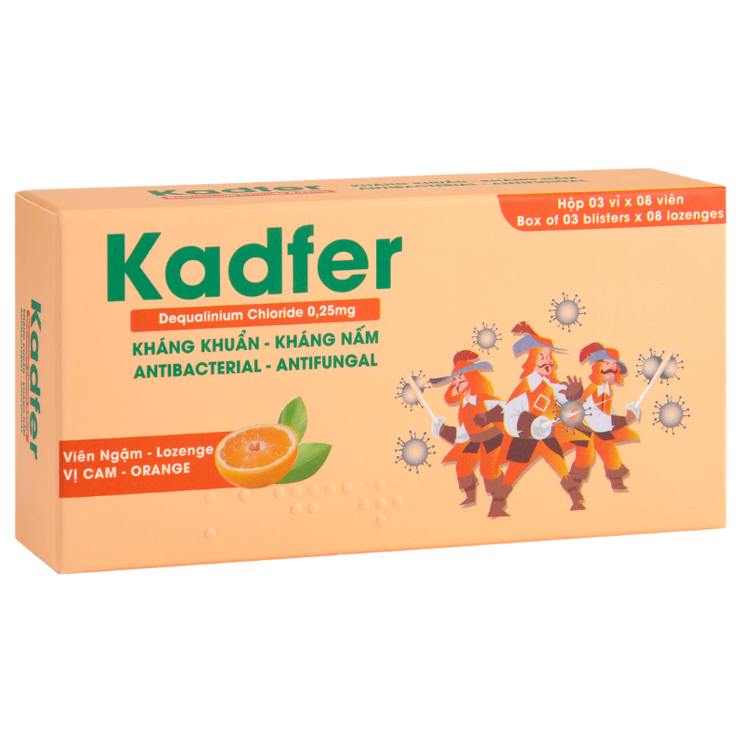 Viên ngậm Kadfer 0.25 Enlie điều trị viêm họng, đau vùng họng, viêm amidan, viêm lưỡi hay viêm miệng hoặc loét áp tơ hay tưa miệng ( 3 vỉ x 8 viên)