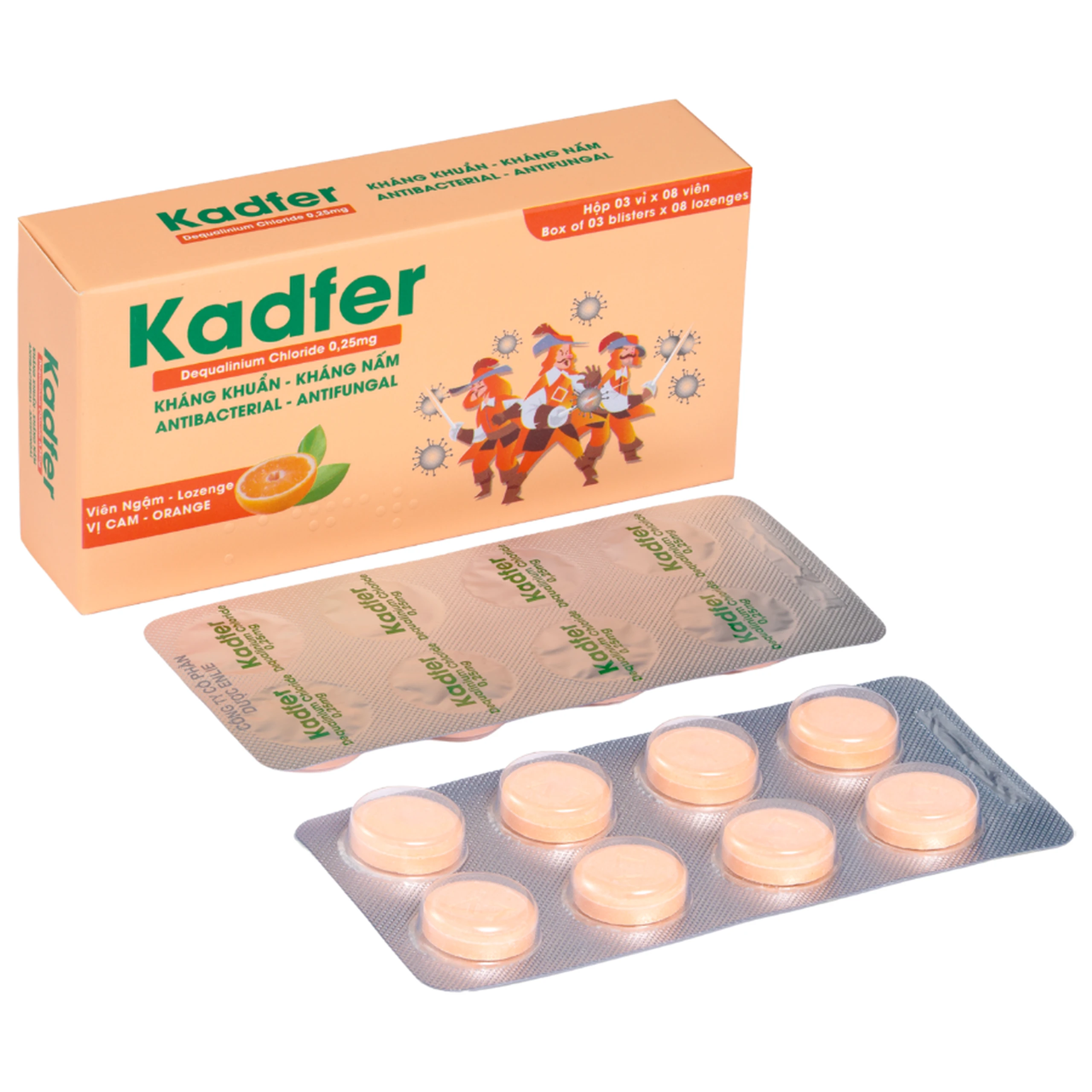 Viên ngậm Kadfer 0.25 Enlie điều trị viêm họng, đau vùng họng, viêm amidan, viêm lưỡi hay viêm miệng hoặc loét áp tơ hay tưa miệng ( 3 vỉ x 8 viên)