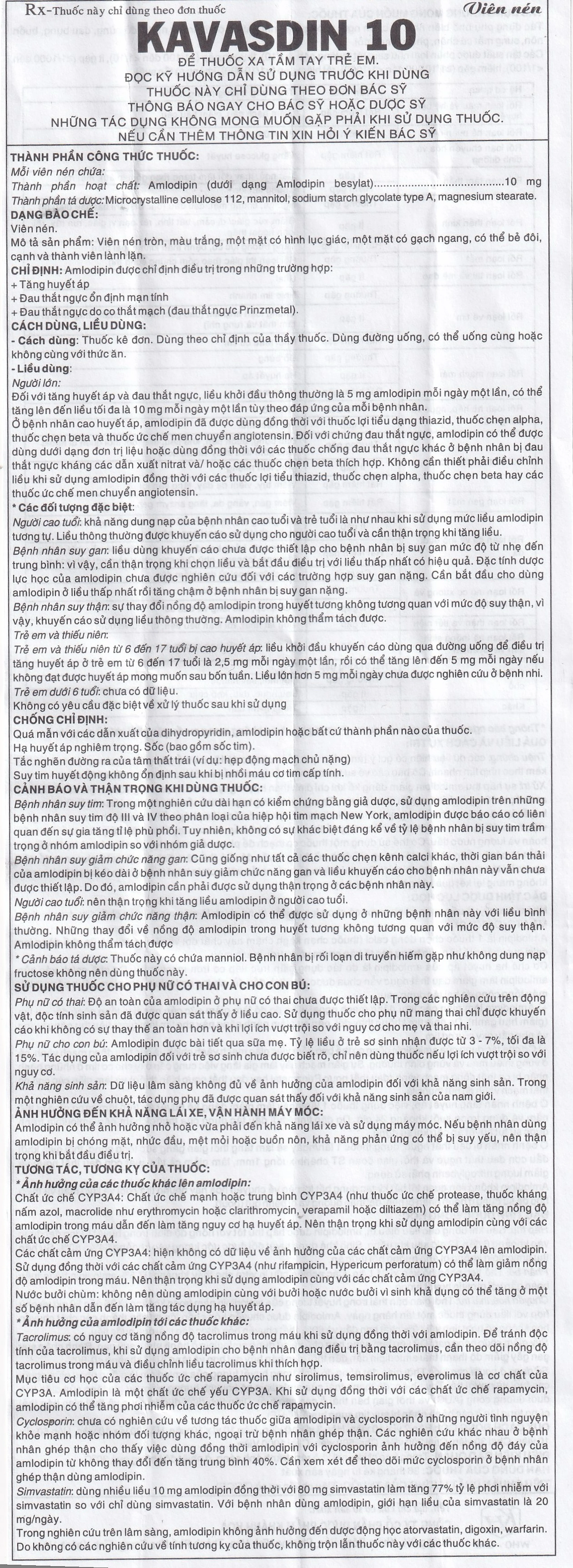 Viên nén Kavasdin 10mg Khapharco điều trị tăng huyết áp ở người đau thắt ngực ổn định (10 vỉ x 10 viên)