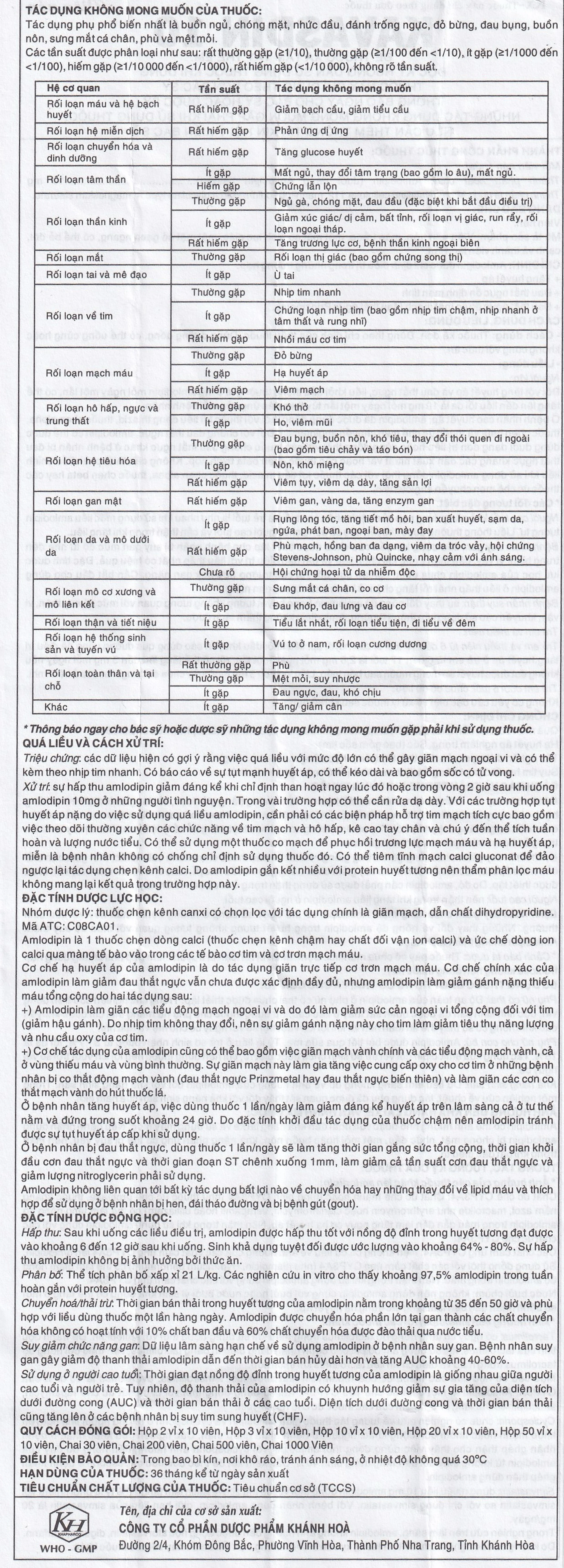 Viên nén Kavasdin 10mg Khapharco điều trị tăng huyết áp ở người đau thắt ngực ổn định (10 vỉ x 10 viên)