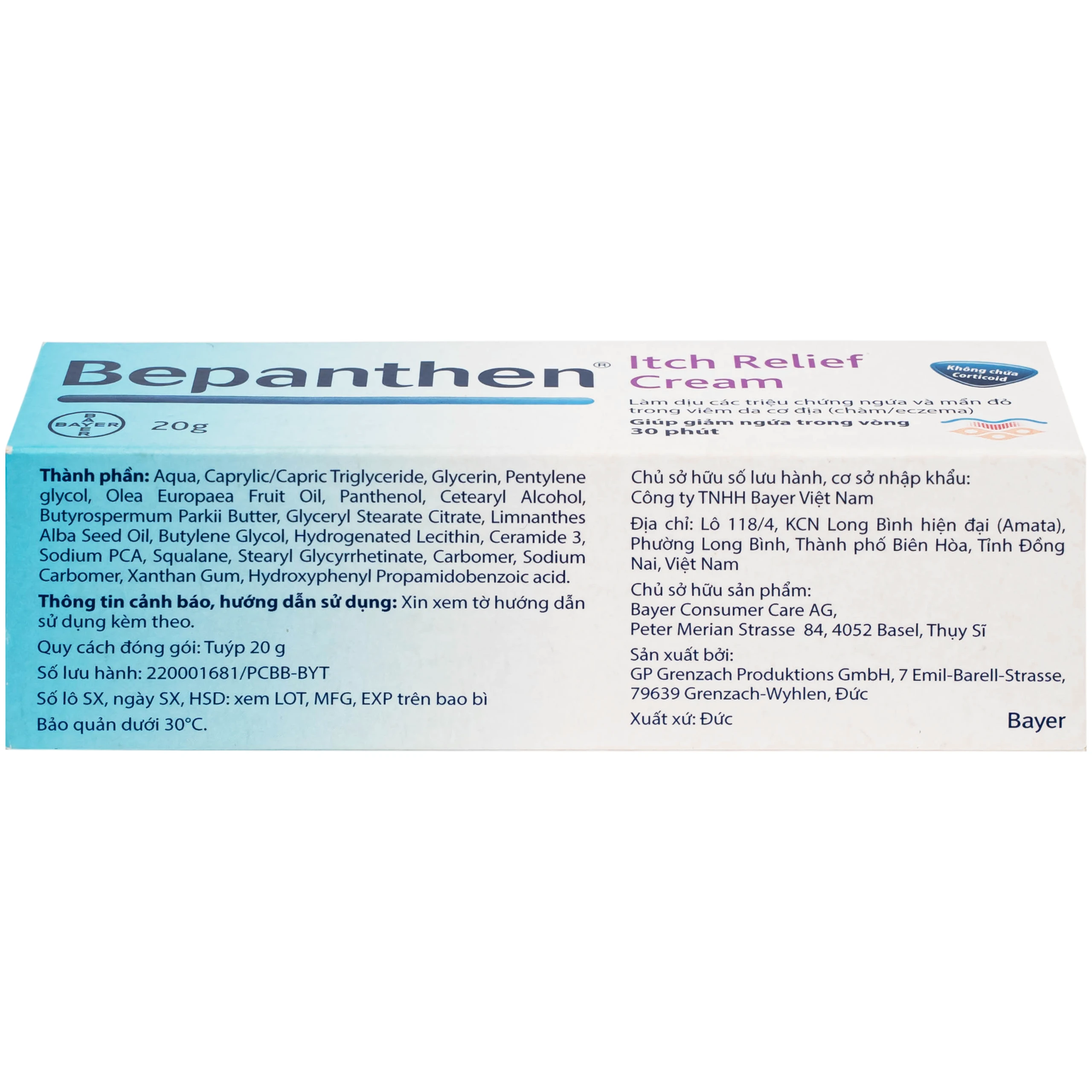 Kem bôi Bepanthen Itch Relief Cream Giảm ngứa và mẩn đỏ do viêm da cơ địa(20g)