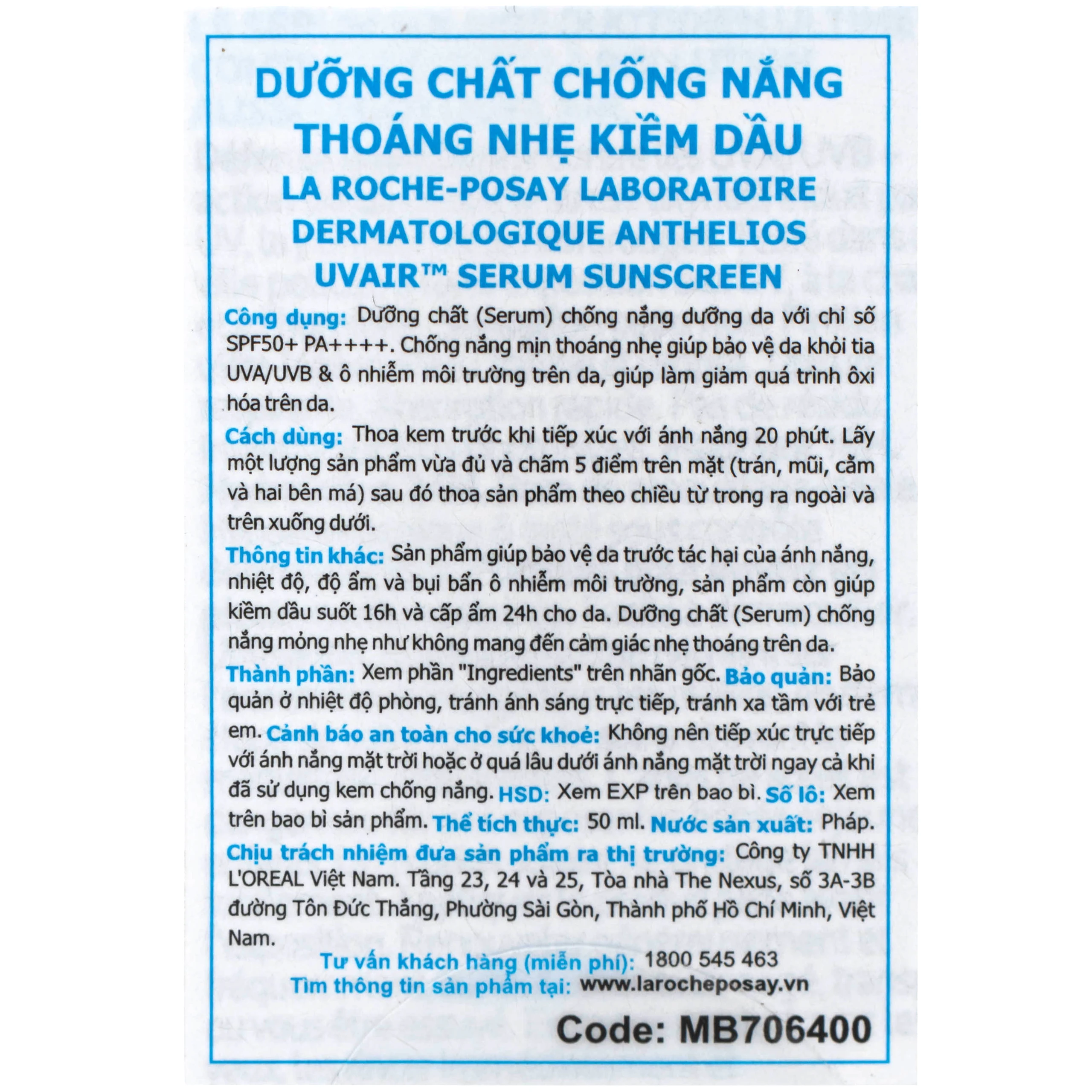 Kem chống nắng thấm nhanh, không nhờn rít La Roche-Posay Anthelios Uvair Serum Solaire SPF 50+ PA++++ (50ml)