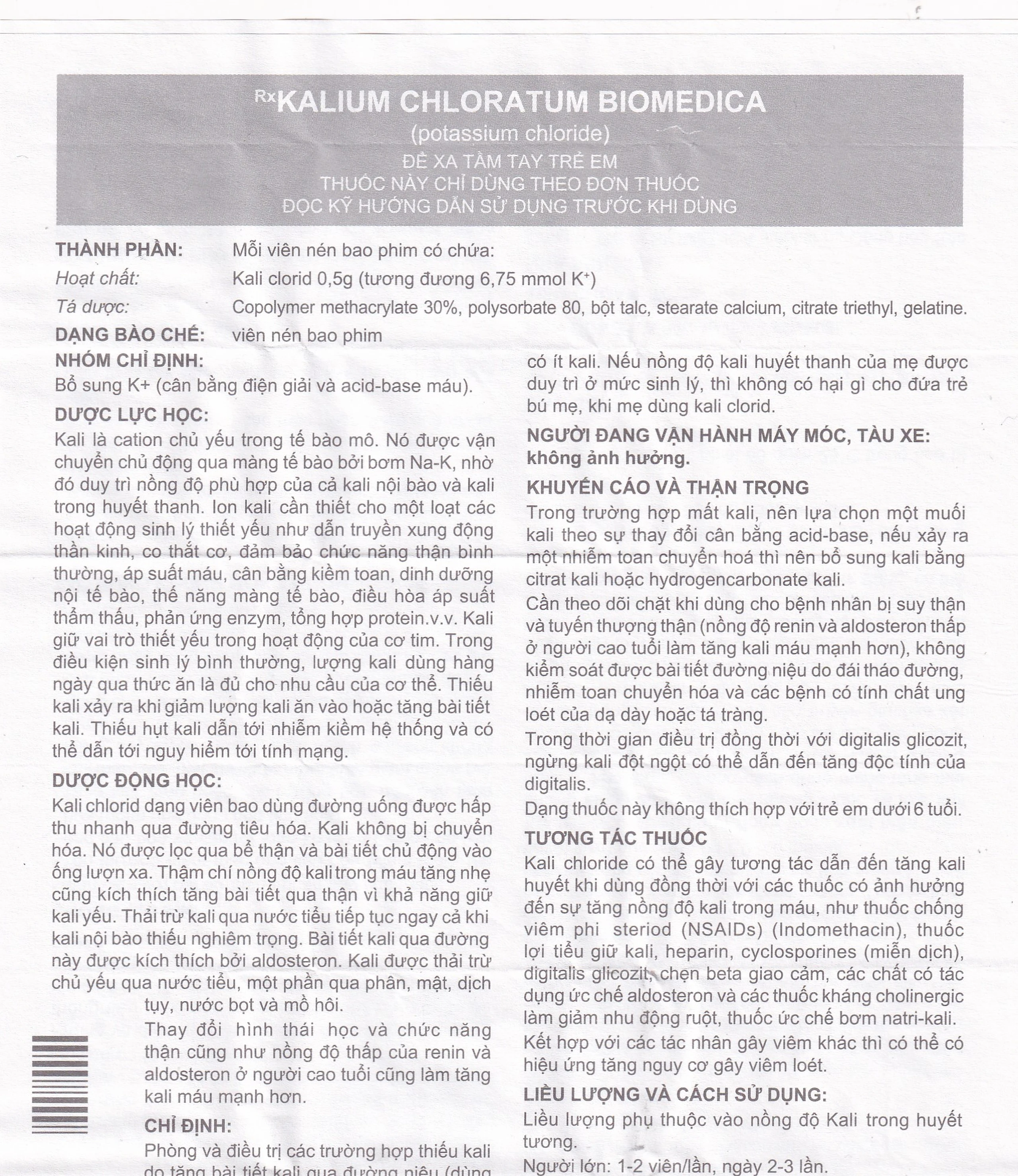 Thuốc Kalium Chloratum Biomedica dùng trong phòng và điều trị một số trường hợp thiếu kali (10 vỉ x 10 viên)