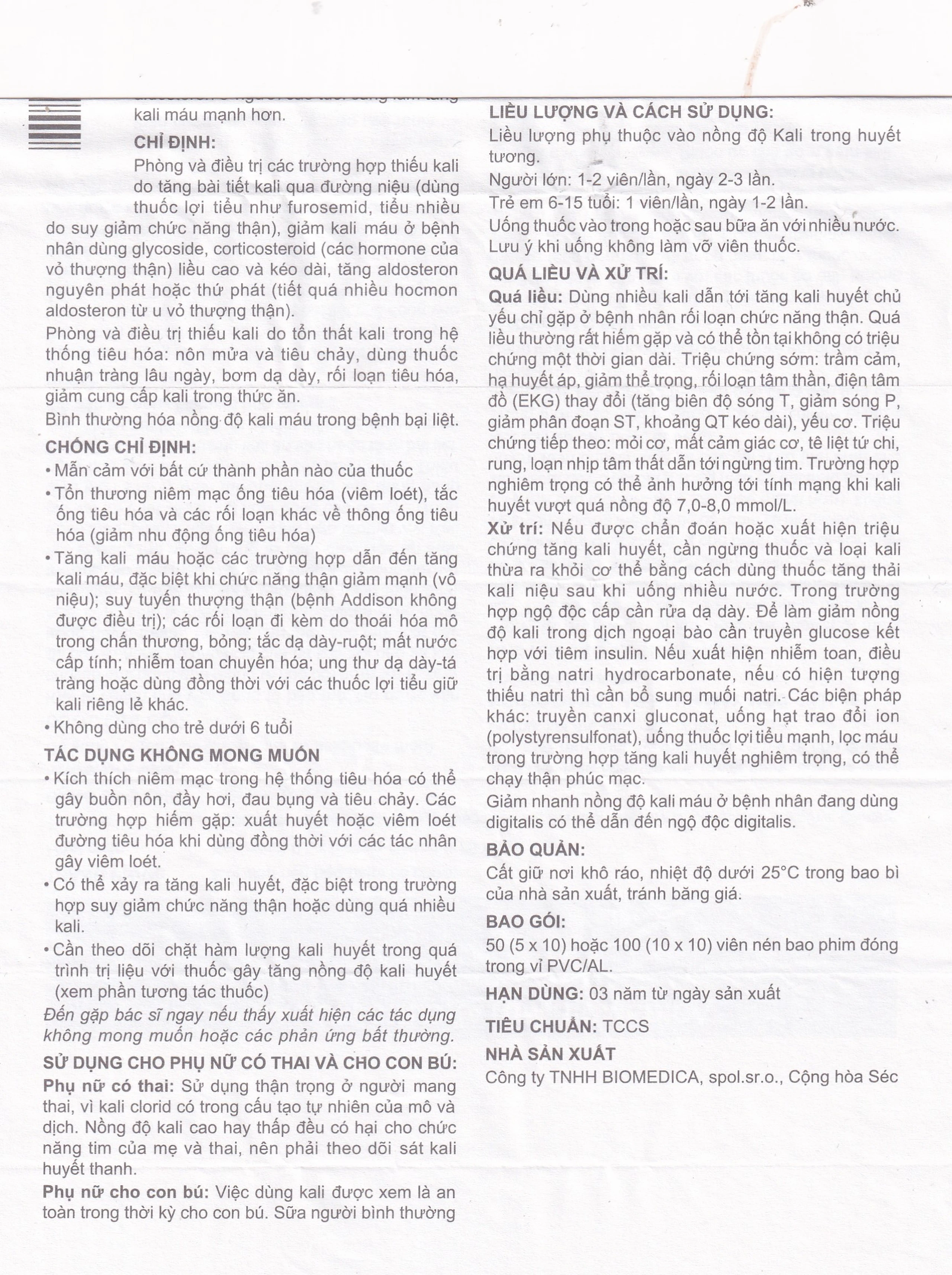 Thuốc Kalium Chloratum Biomedica dùng trong phòng và điều trị một số trường hợp thiếu kali (10 vỉ x 10 viên)