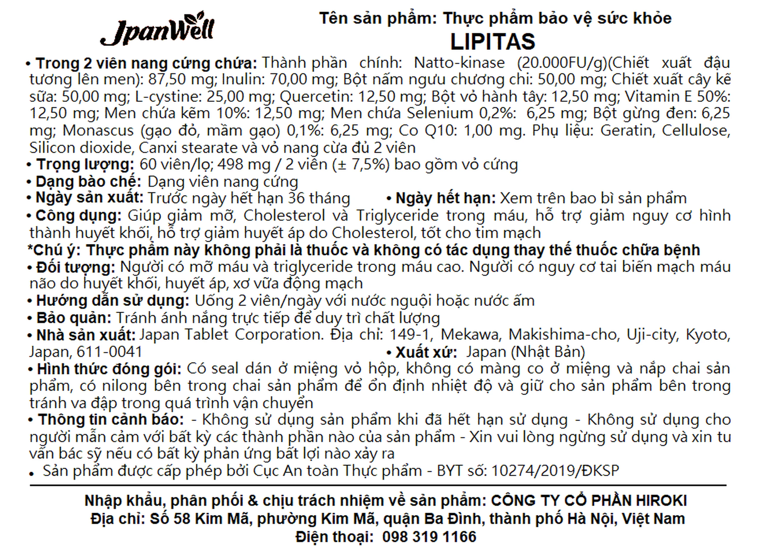 Viên uống giúp giảm mỡ, cholesterol và triglyceride trong máu Lipitas Jpanwell (60 viên)