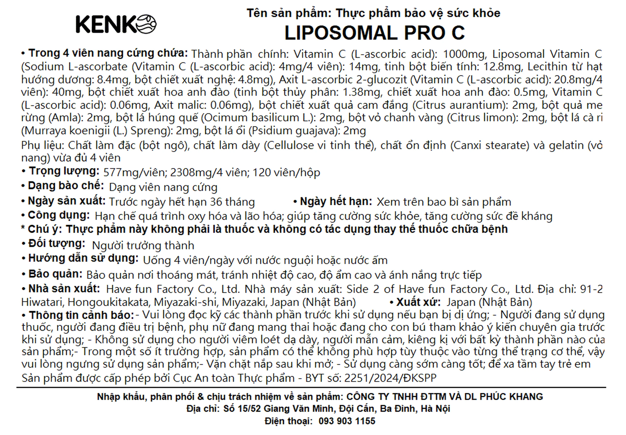 Viên uống Liposomal Pro C Kenko giúp tăng cường đề kháng, hạn chế oxy hóa và lão hóa (120 viên) 8