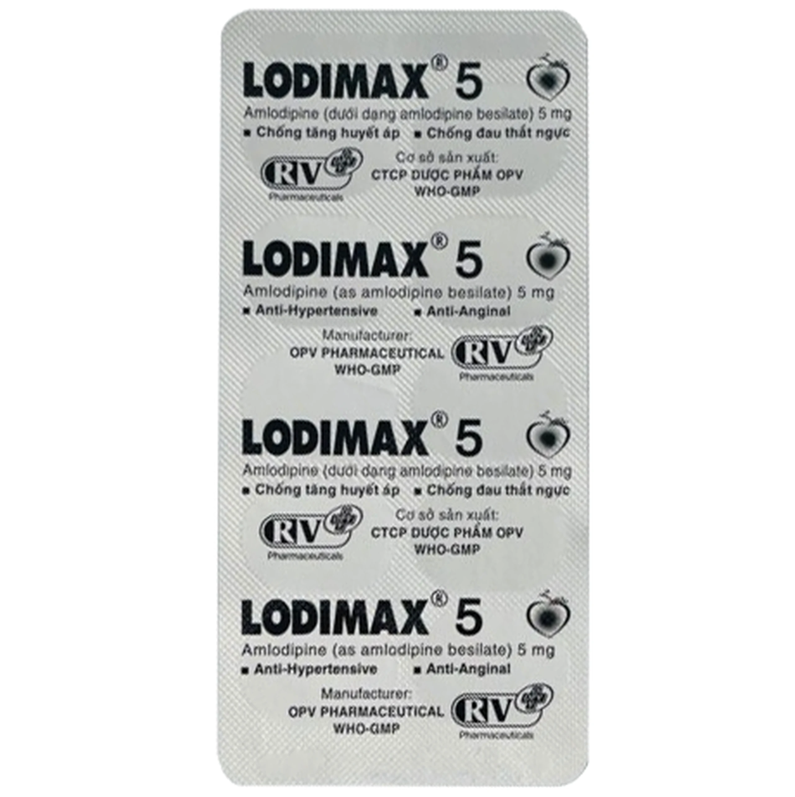 Viên nén Lodimax 5 OPV Pharma chống tăng huyết áp, đau thắt ngực (2 vỉ x 10 viên) 
