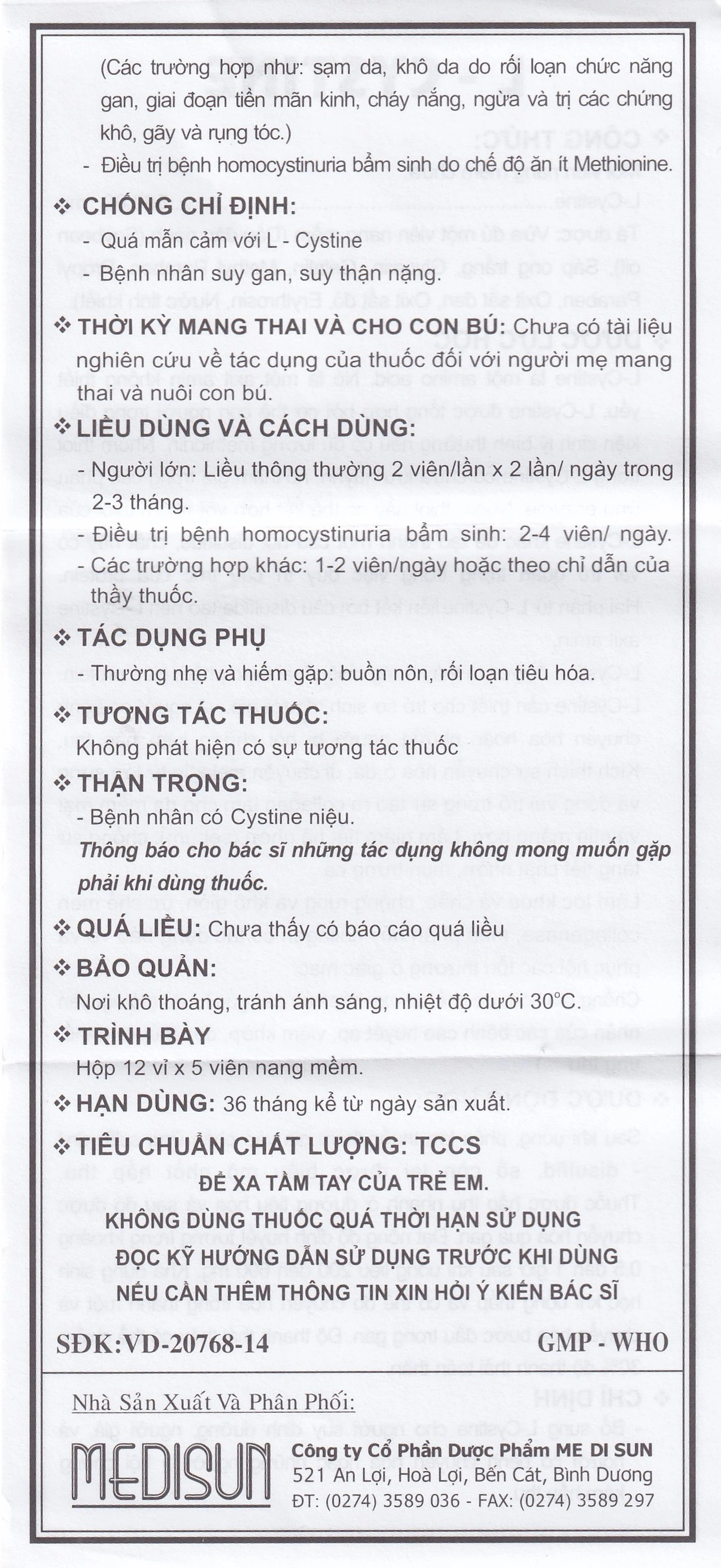Viên nang mềm L-Cystine 500mg Medisun bổ sung cho người suy dinh dưỡng, kém hấp thu, sạm da (12 vỉ x 5 viên)