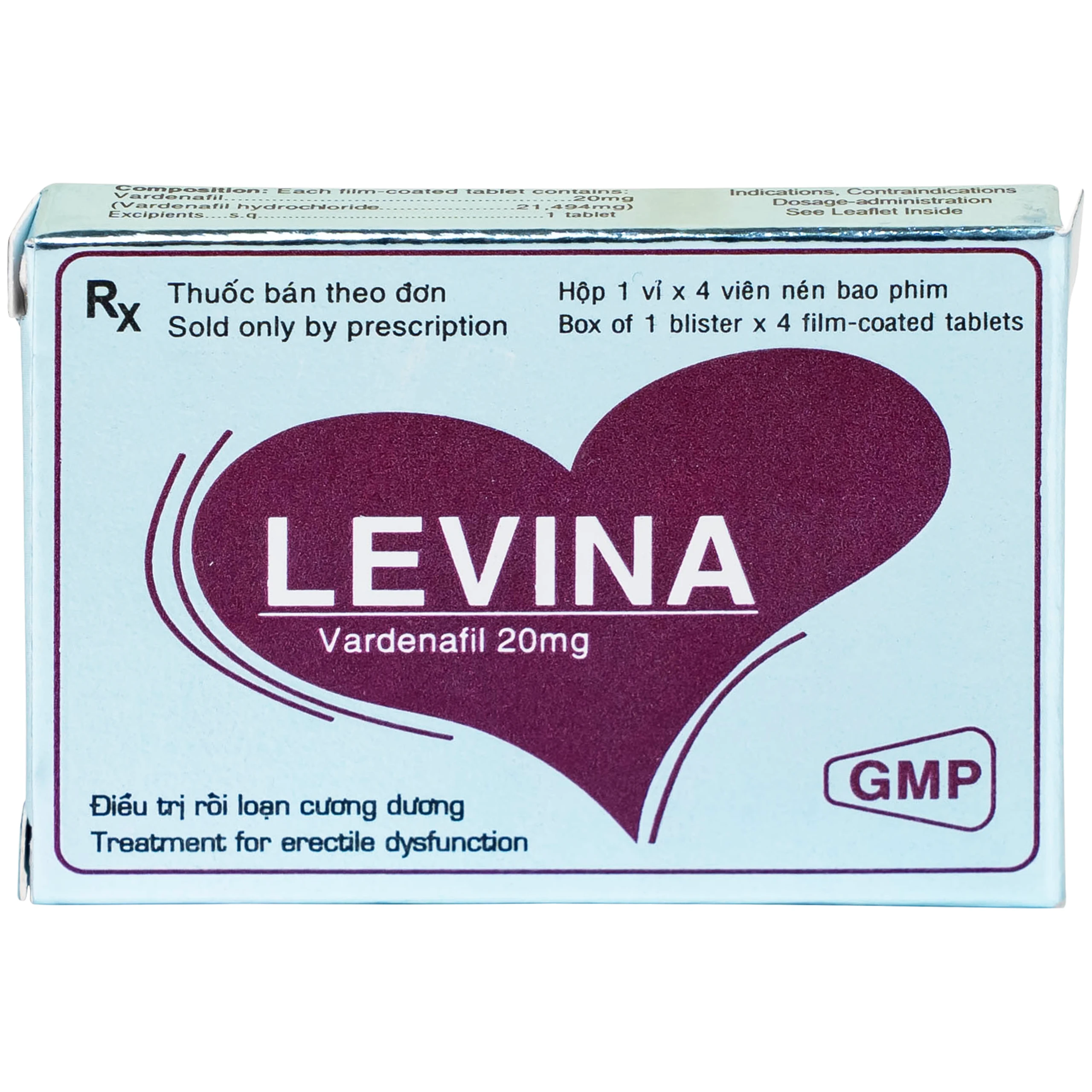 Thuốc Levina 20mg Cophavina điều trị rối loạn chức năng cương dương (1 vỉ x 4 viên)
