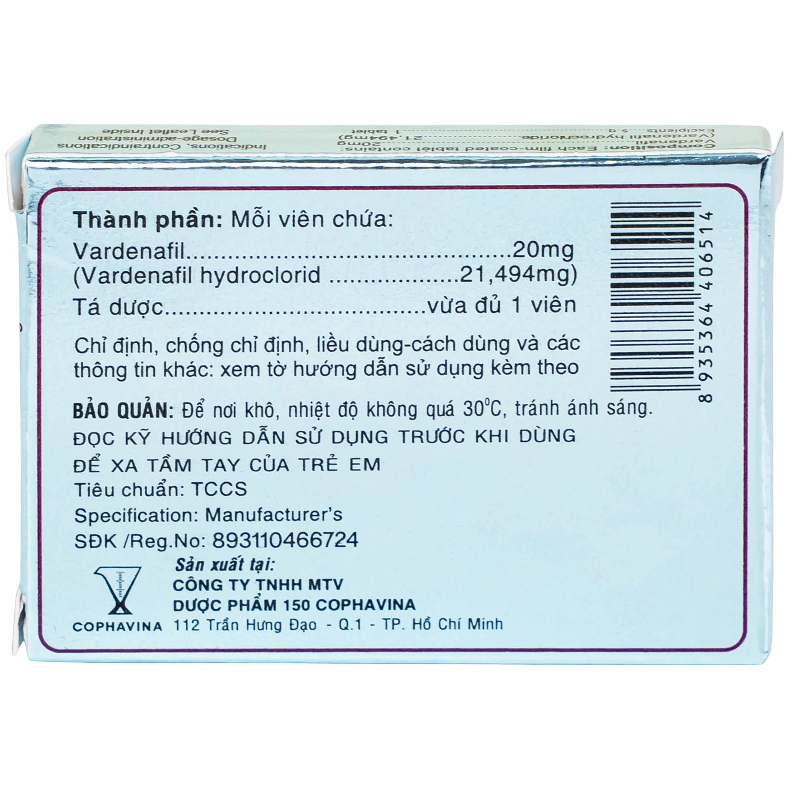 Thuốc Levina 20mg Cophavina điều trị rối loạn chức năng cương dương (1 vỉ x 4 viên)