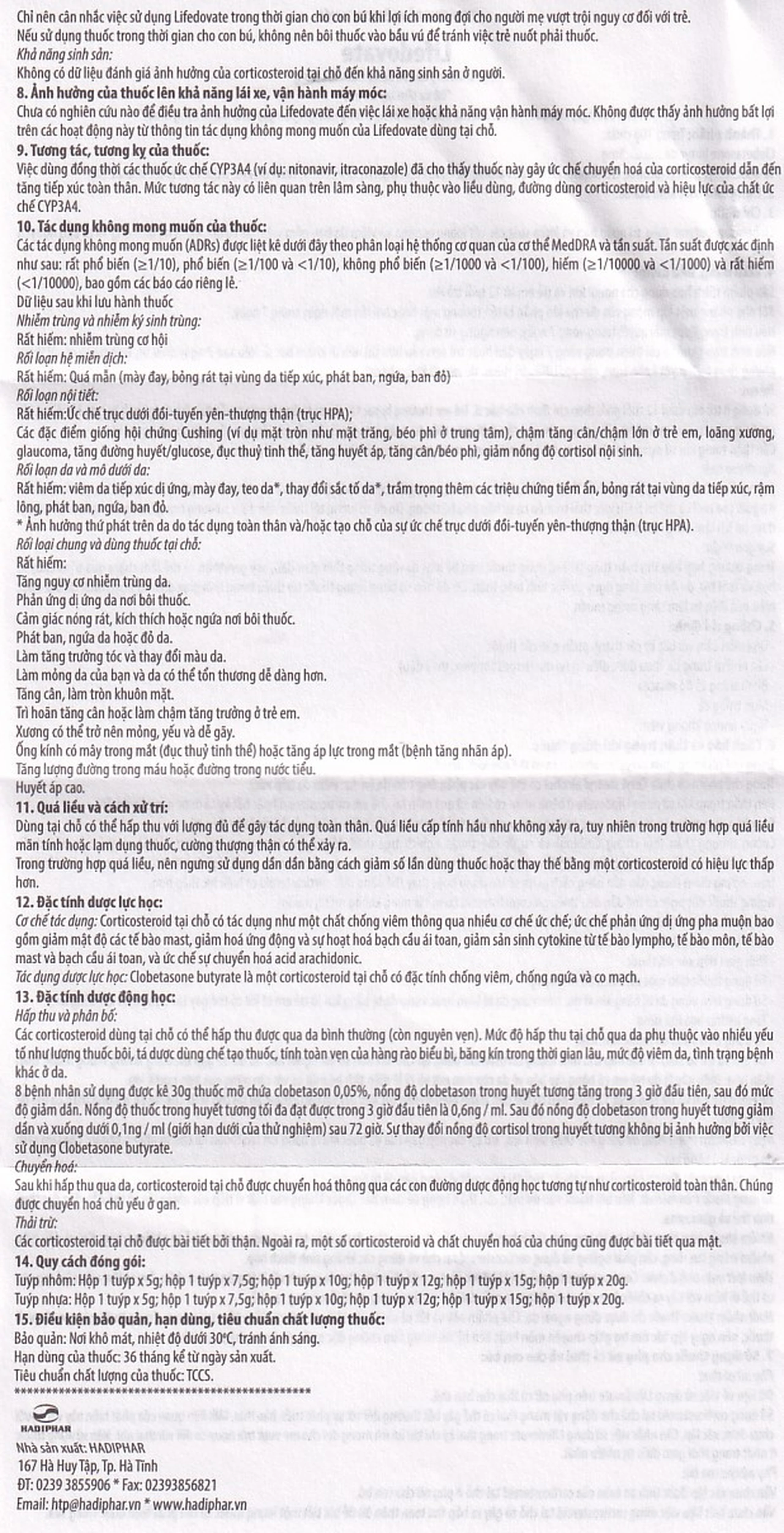 Kem bôi da Lifedovate Cream 0,05% Hadiphar điều trị các vết long eczema, viêm da (10g)