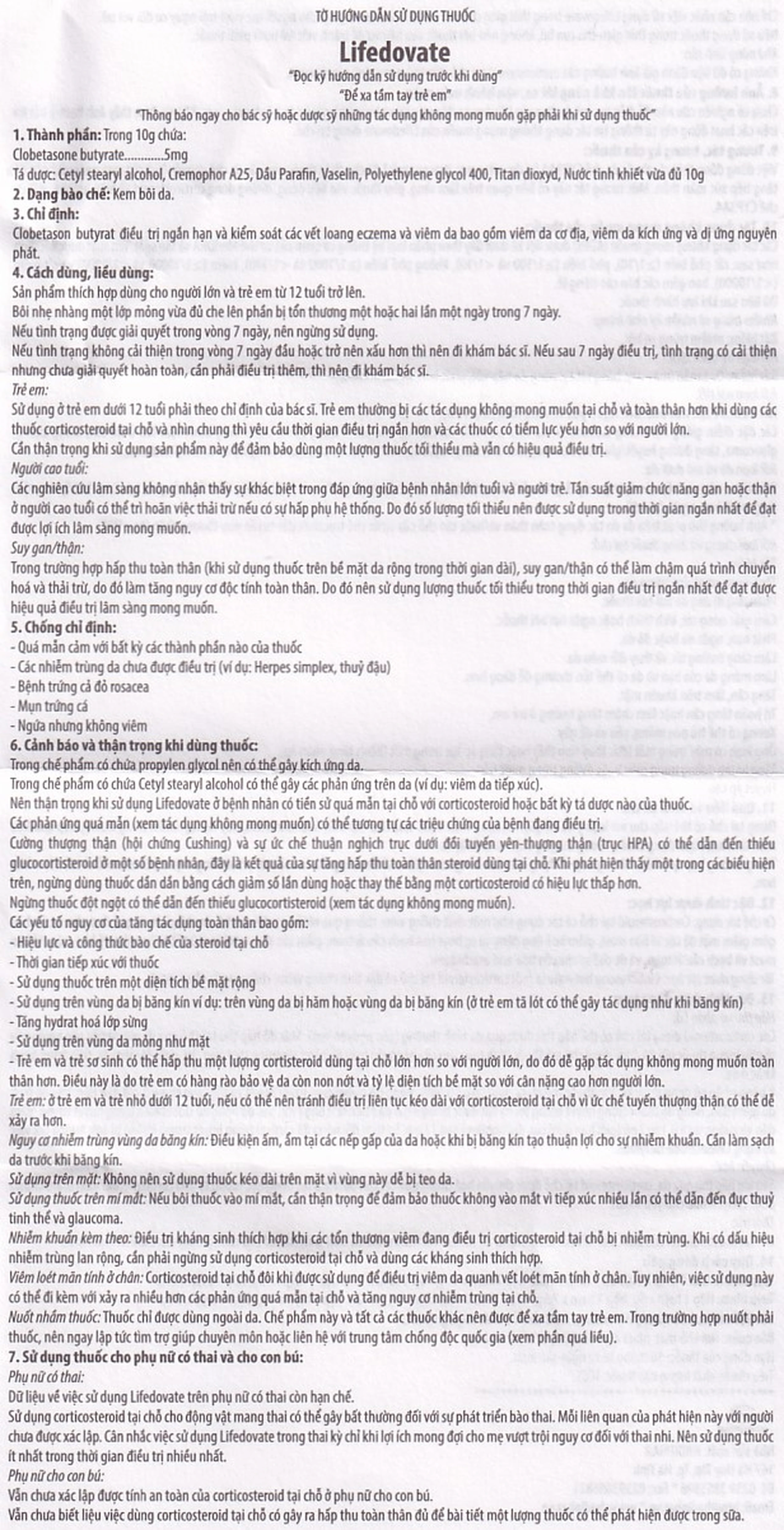 Kem bôi da Lifedovate Cream 0,05% Hadiphar điều trị các vết long eczema, viêm da (10g)