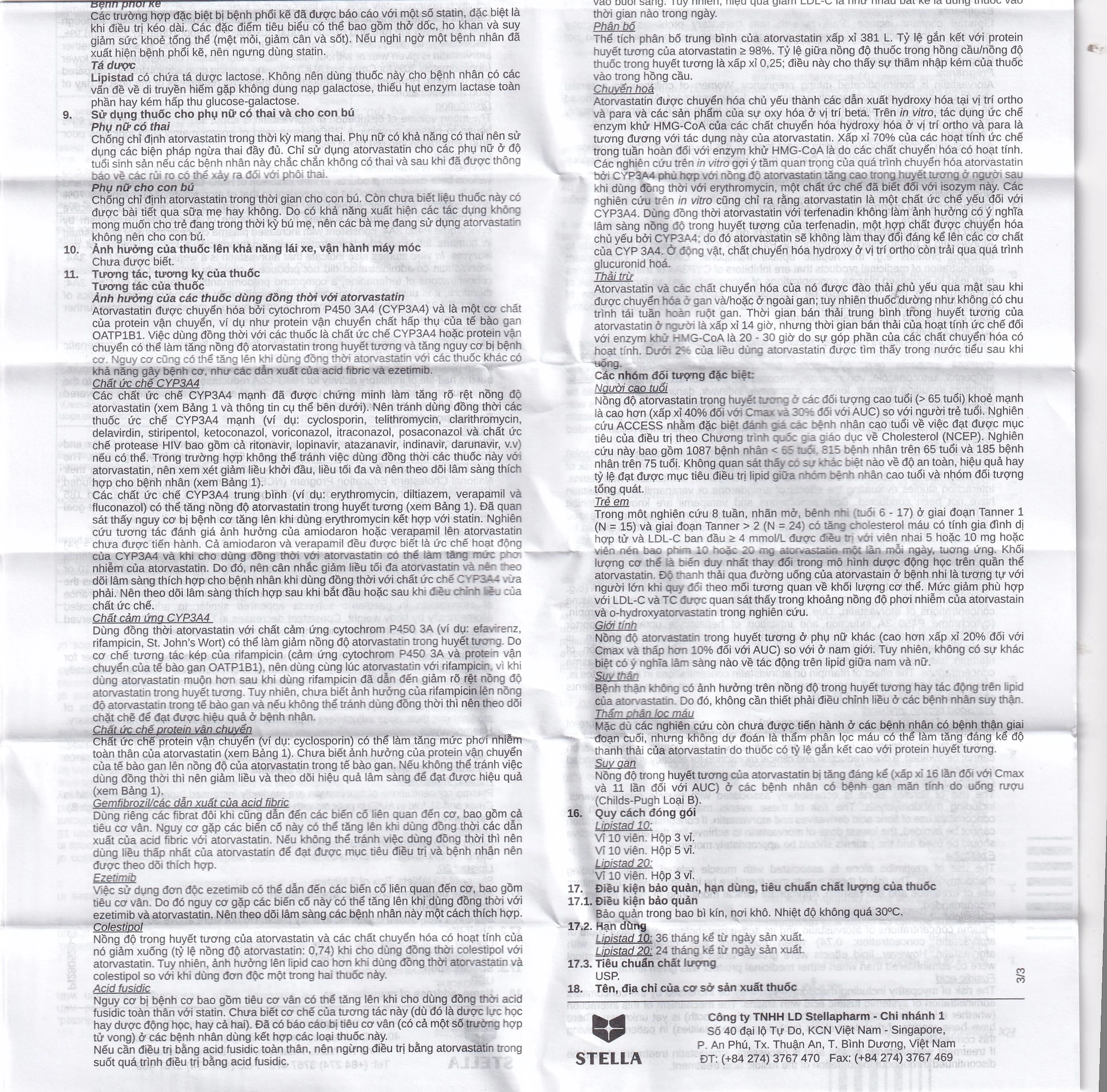 Viên nén Lipistad 10 Stella điều trị tăng cholesterol máu (3 vỉ x 10 viên)