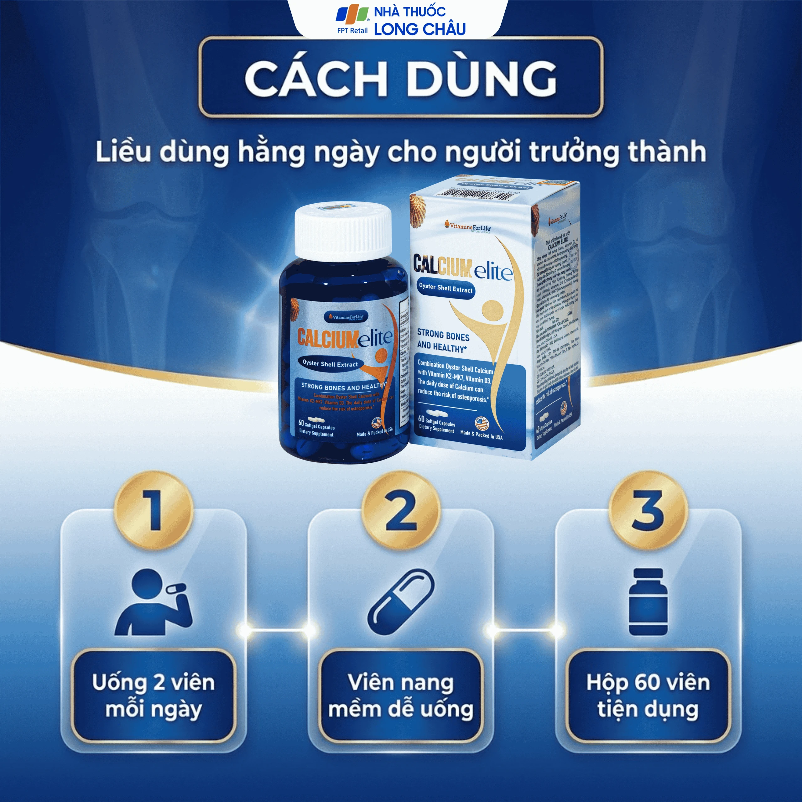 Viên uống bổ sung canxi, Vitamin D3 và Vitamin K2 cho cơ thể, hỗ trợ xương chắc khoẻ CalciumElite Vitamins For Life (Hộp 60 viên) 5