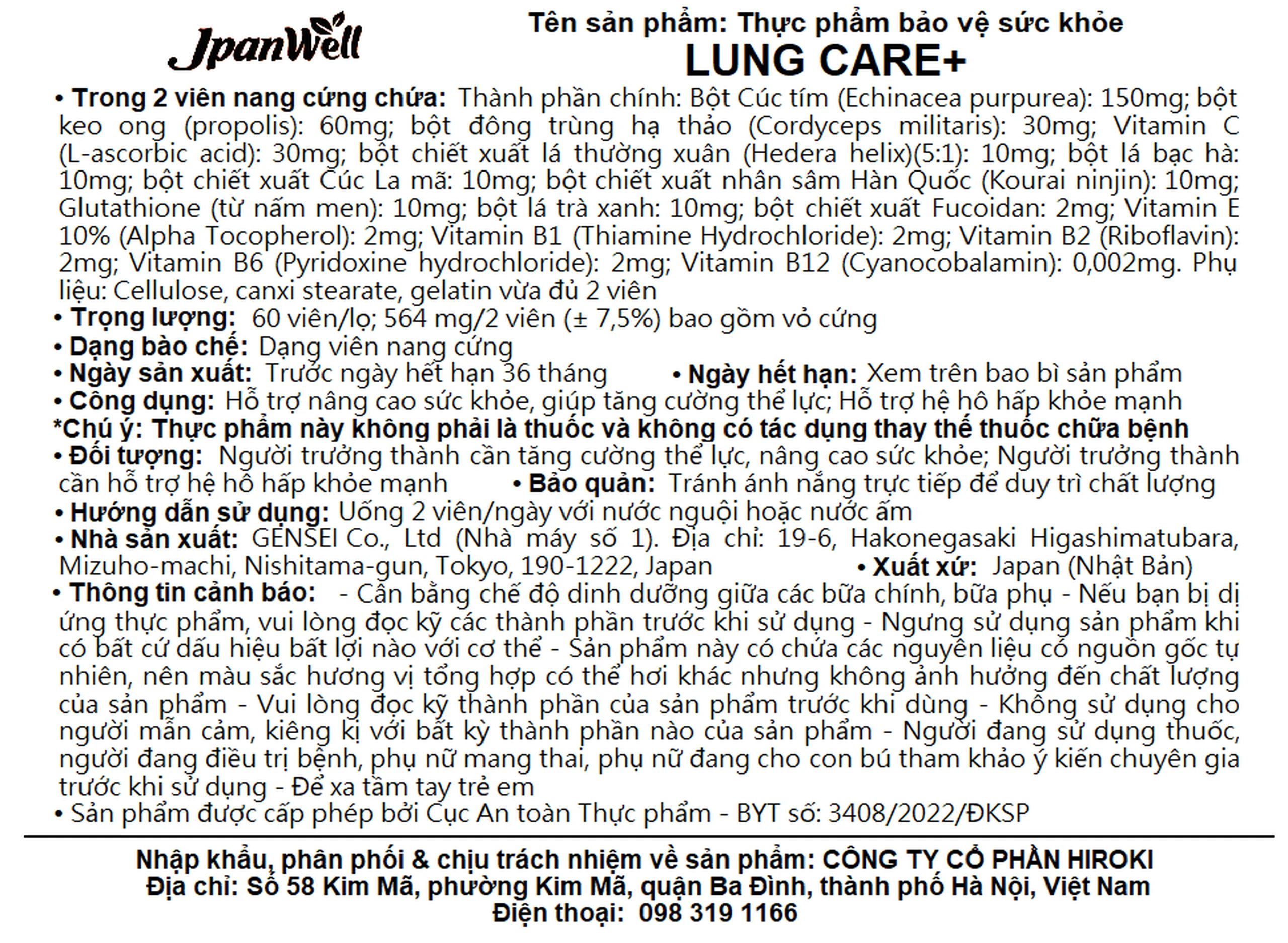 Viên uống bổ phổi, hỗ trợ hệ hô hấp khỏe mạnh Lung Care+ Jpanwell (60 viên)