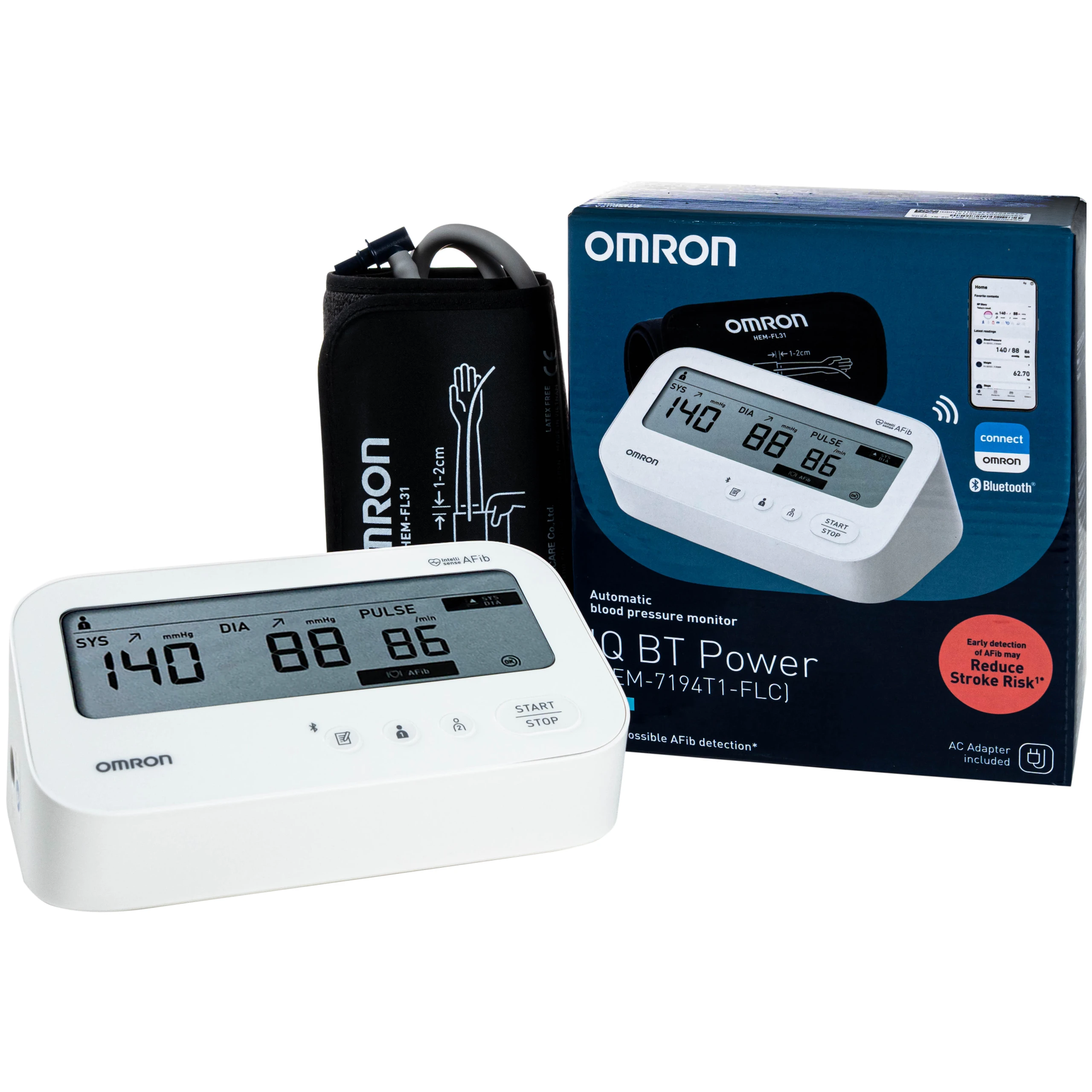 Máy đo huyết áp bắp tay Omron IQ BT Power Hem 7194T1 Flc Afib hỗ trợ đo huyết áp, cảnh báo đột quỵ