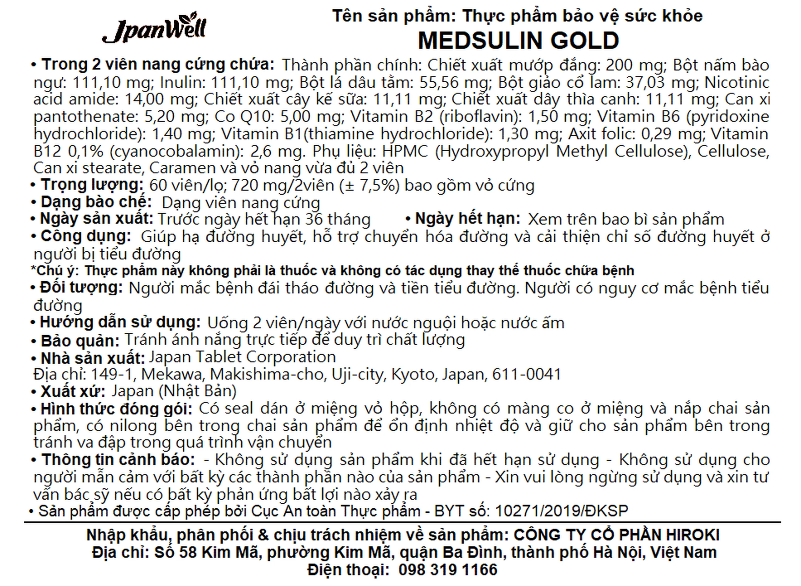 Viên uống giúp hạ đường, huyết hỗ trợ chuyển hóa đường Medsulin Gold Jpanwell (60 viên)