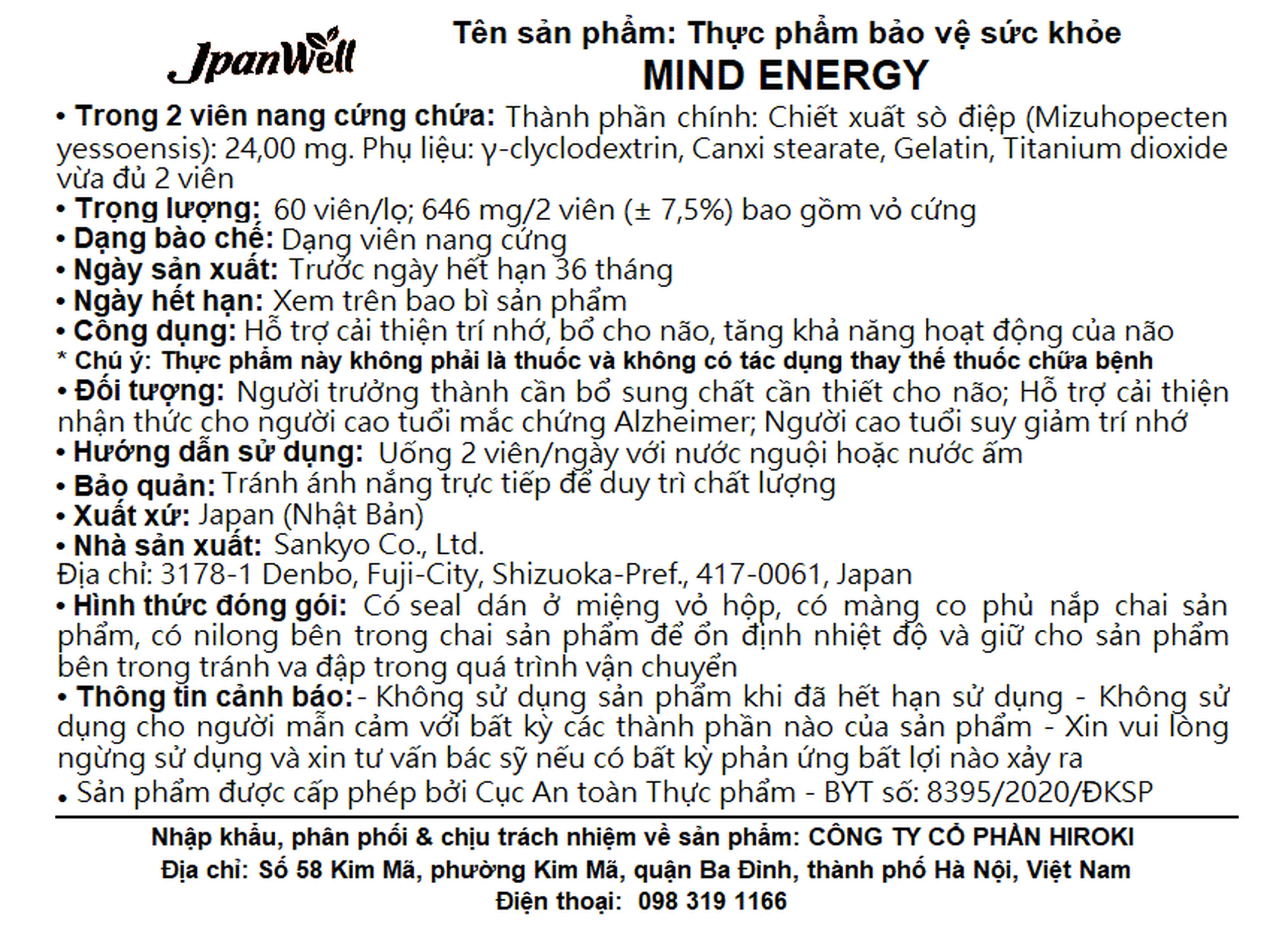 Viên uống bổ não, cải thiện trí nhớ Mind Energy Jpanwell (60 viên)