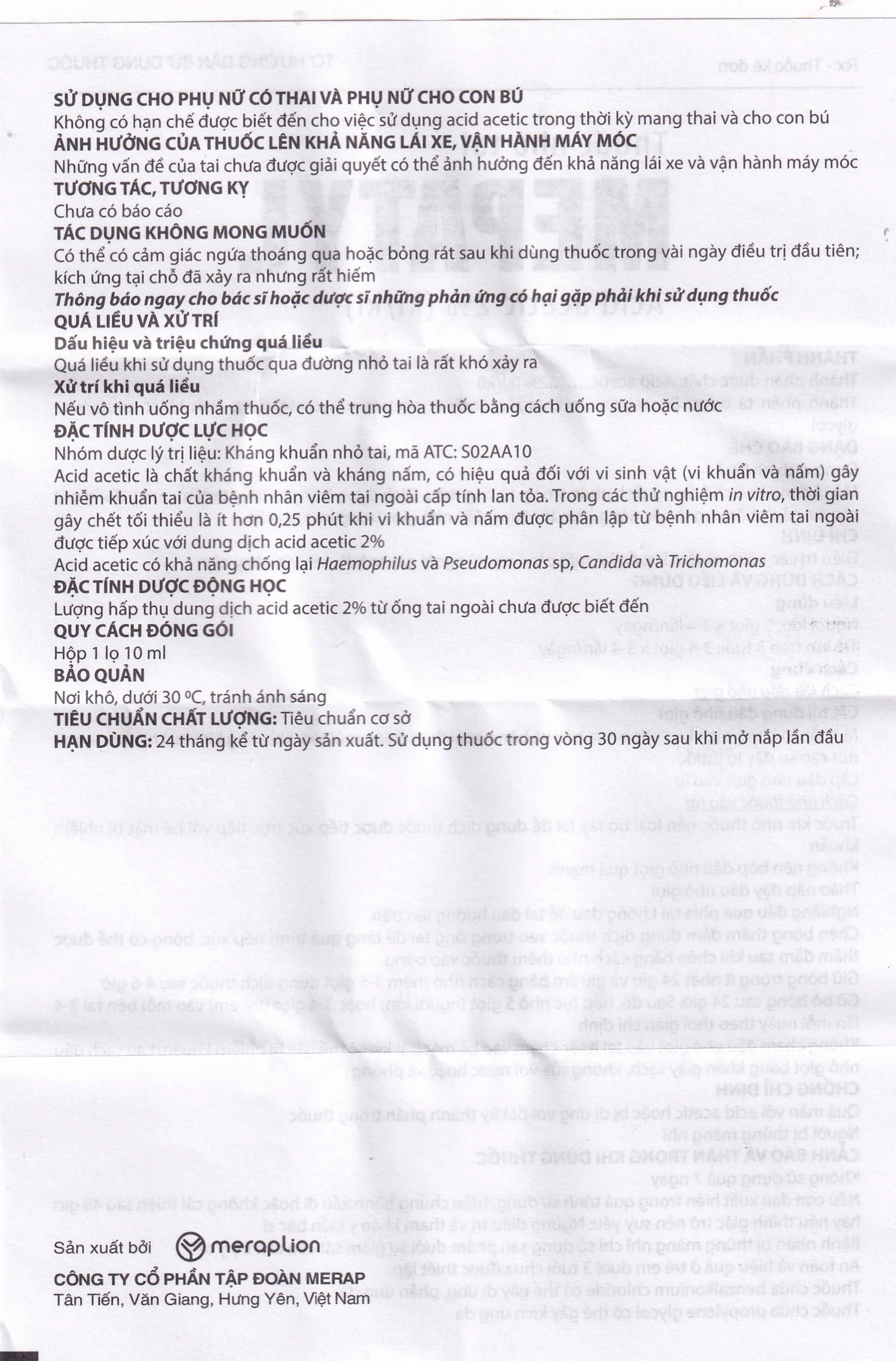 Thuốc nhỏ tai Mepatyl 10ml Merap điều trị nhiễm khuẩn của ống tai ngoài