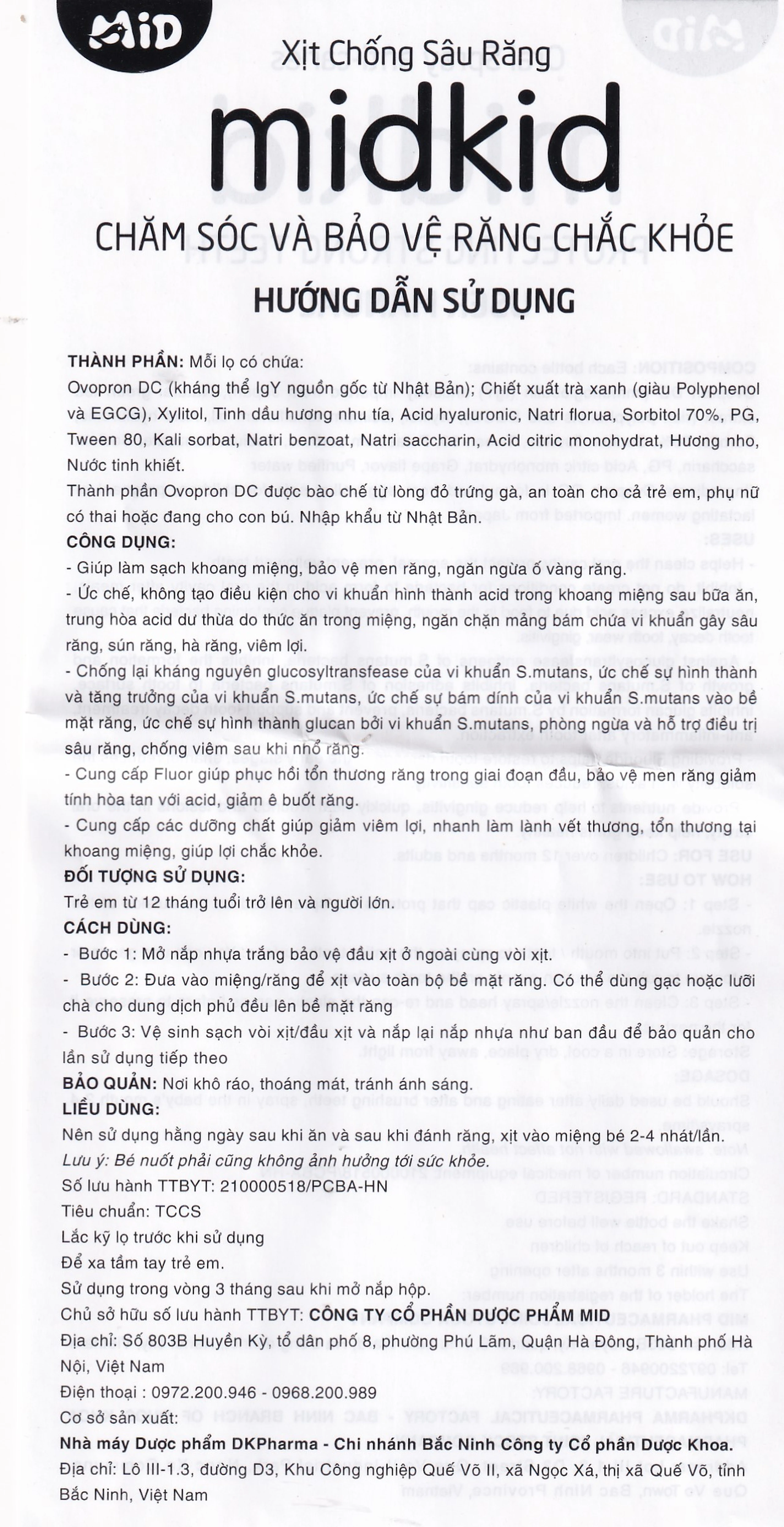 Xịt chống sâu răng Midkid hương nho 30ml giúp làm sạch khoang miệng, bảo vệ men răng