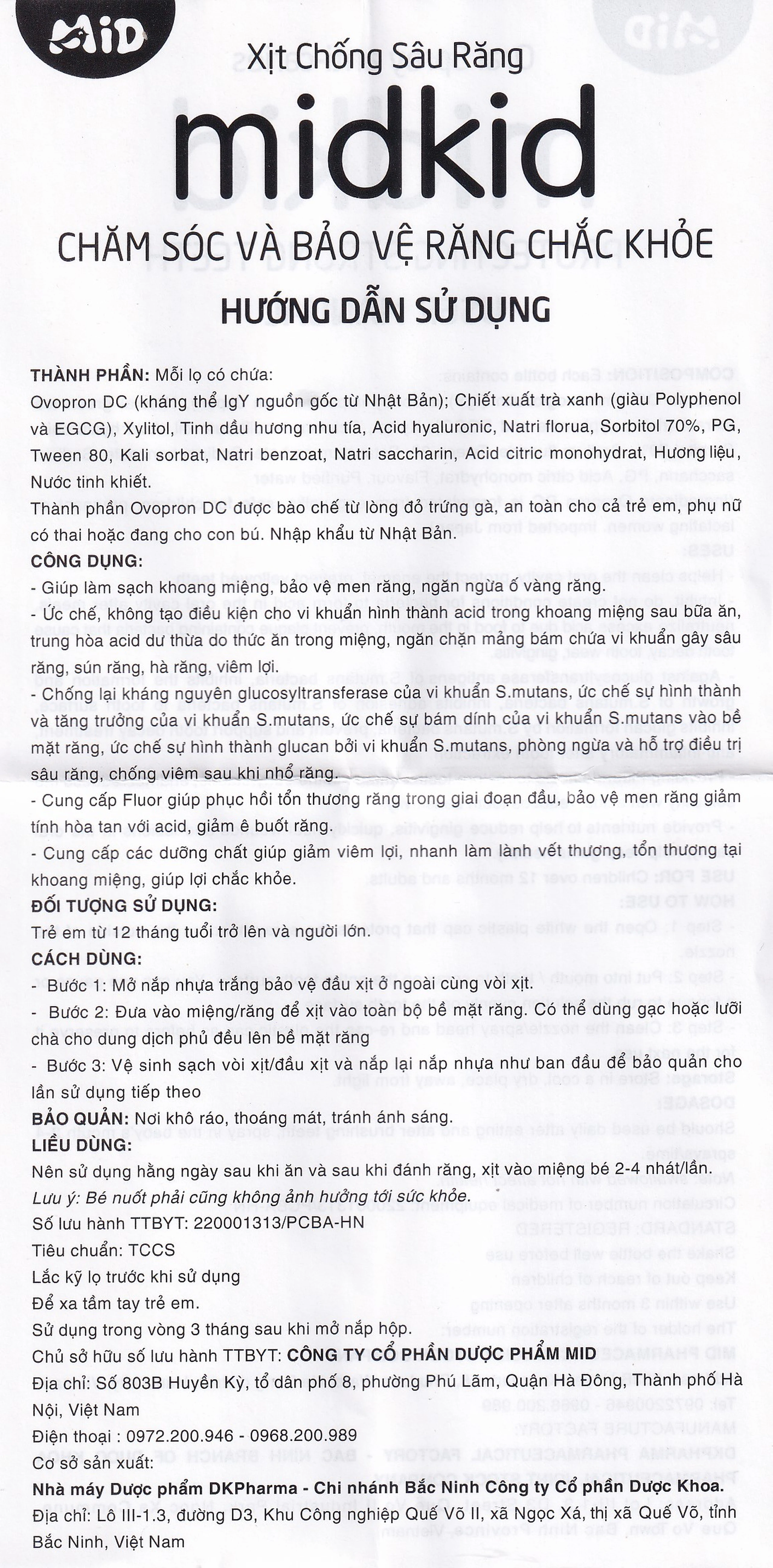 Xịt chống sâu răng Midkid hương táo 20ml giúp làm sạch khoang miệng, bảo vệ men răng