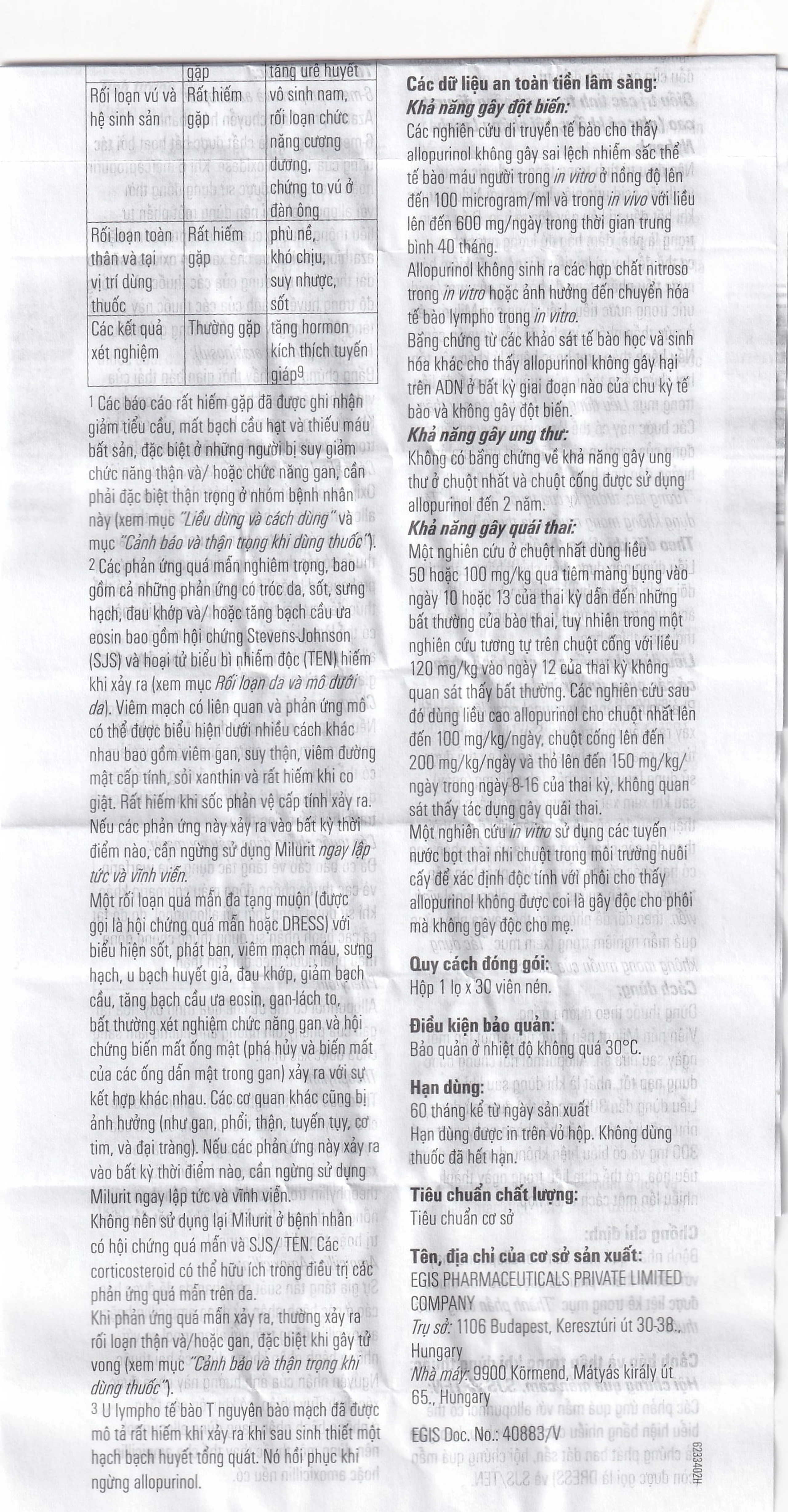 Viên nén Milurit 300mg Egis Pharma điều trị bệnh gout, phòng ngừa bệnh sỏi axit uric (30 viên)