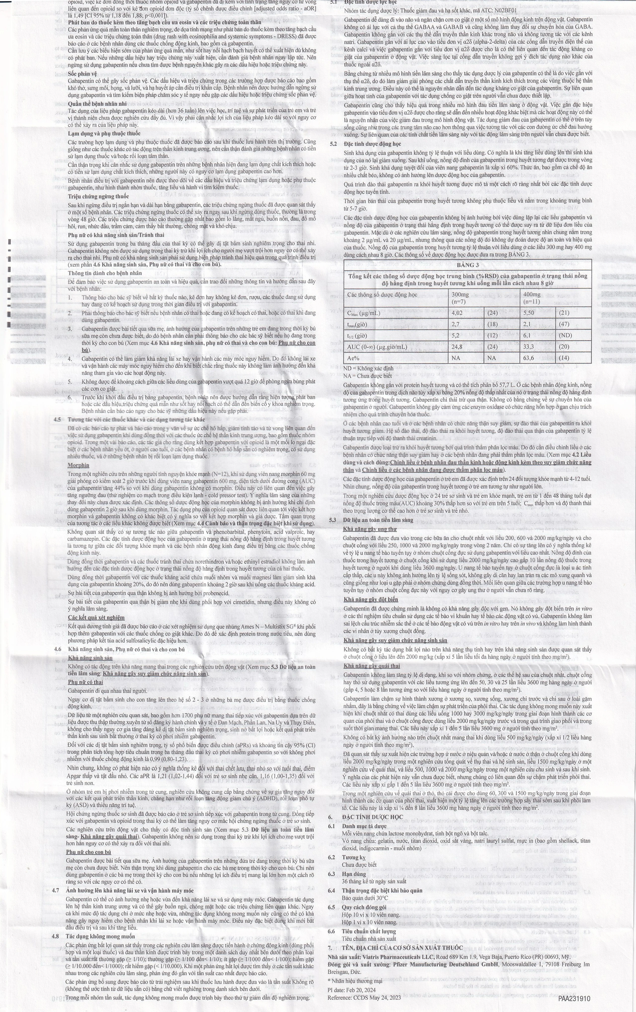 Viên nang cứng Neurontin 300mg VIATRIS điều trị hỗ trợ trong động kinh cục bộ (10 vỉ x 10 viên)