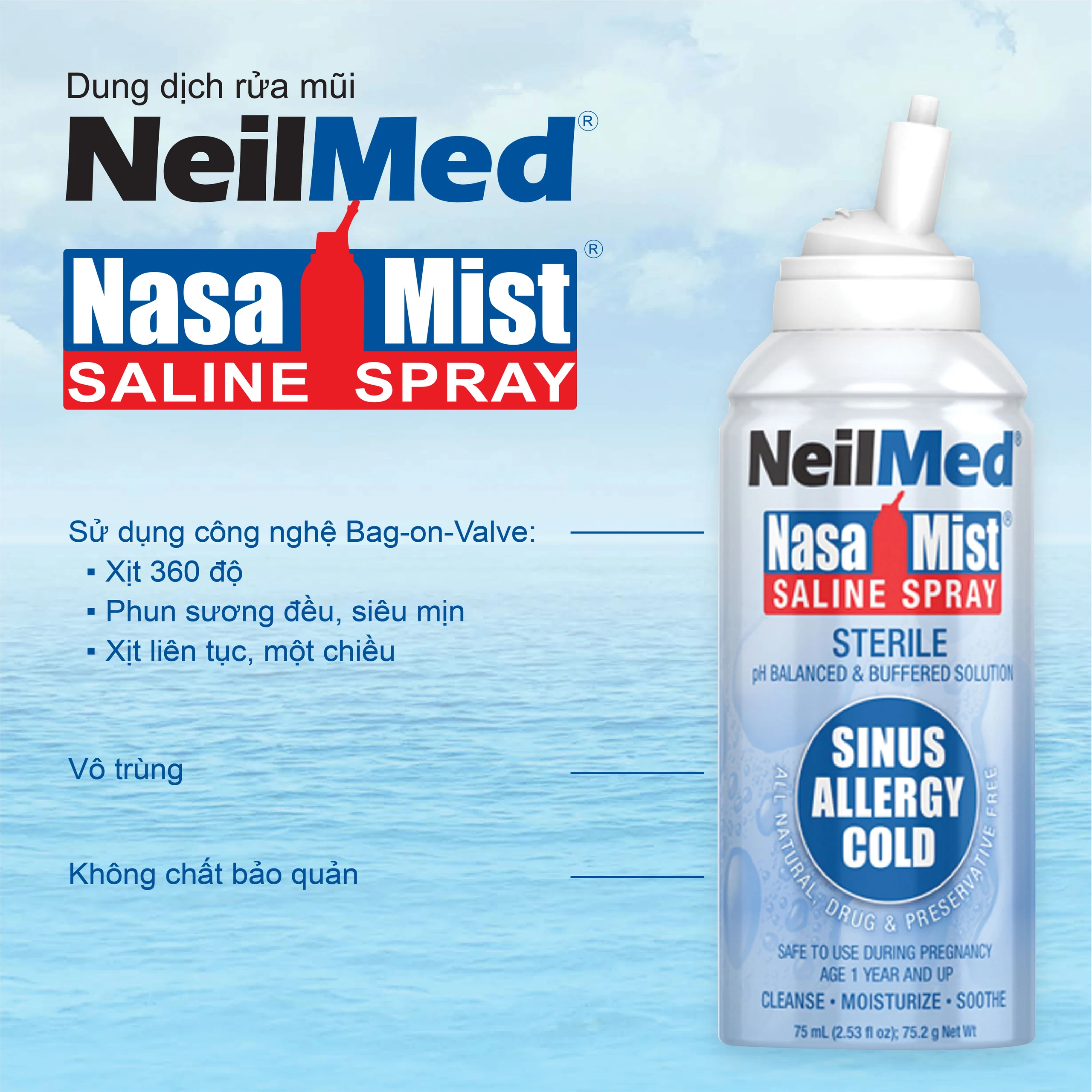 Xịt mũi Neilmed Nasamist Saline Spray 75ml giúp vệ sinh mũi xoang, làm ẩm và làm trơn mũi khô