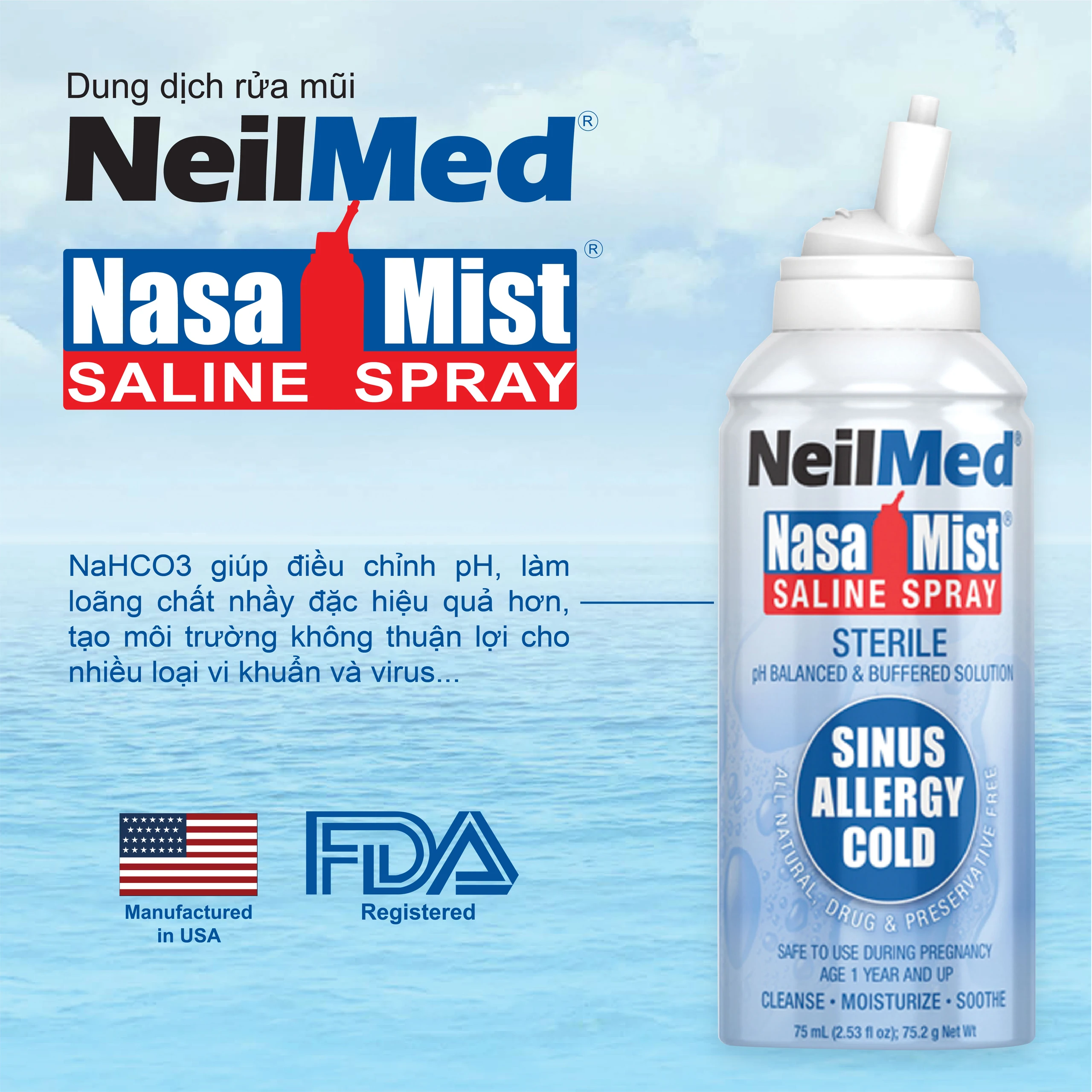 Xịt mũi Neilmed Nasamist Saline Spray 75ml giúp vệ sinh mũi xoang, làm ẩm và làm trơn mũi khô
