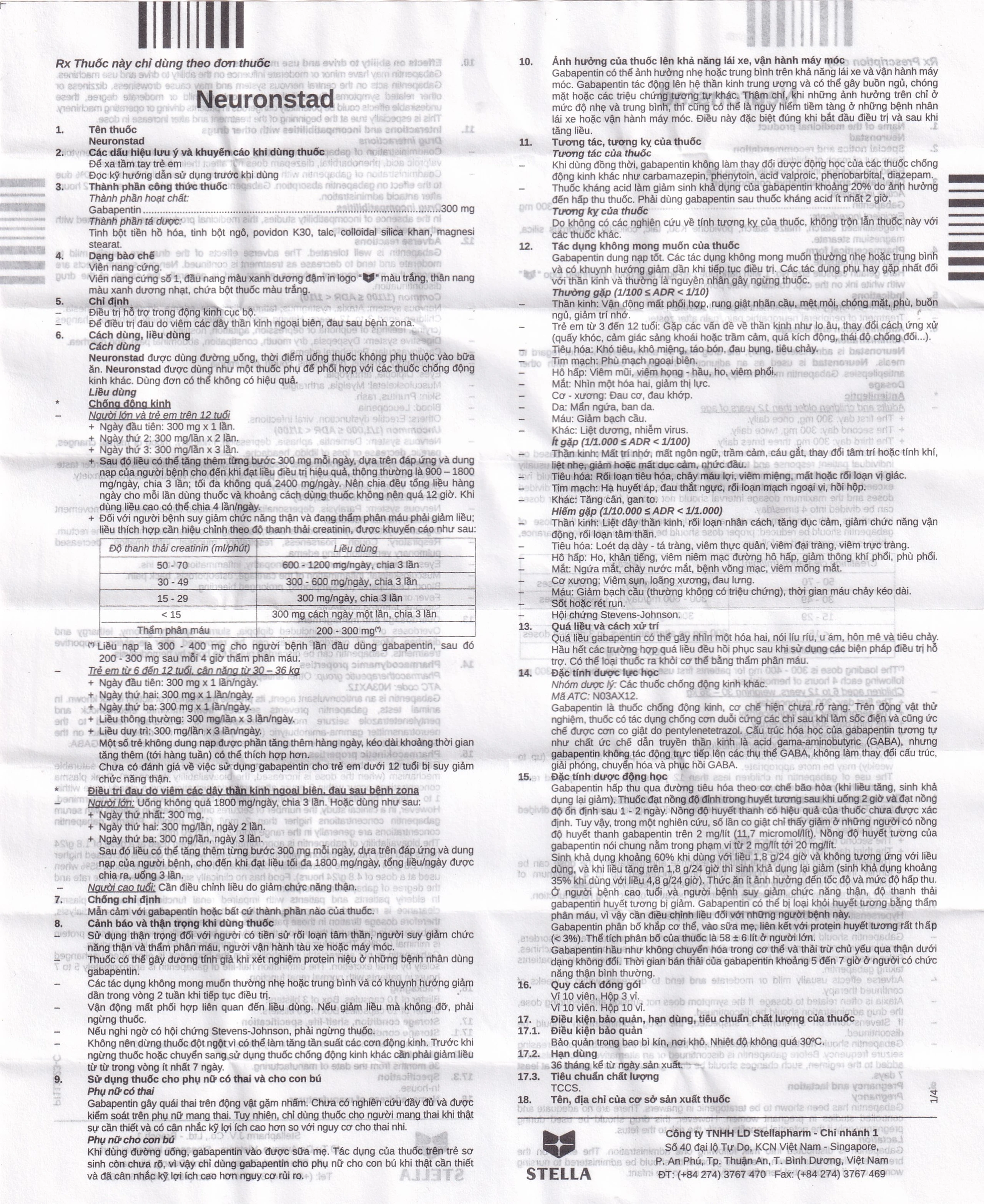 Thuốc Neuronstad 300mg Stella điều trị hỗ trợ động kinh cục bộ (10 vỉ x 10 viên)