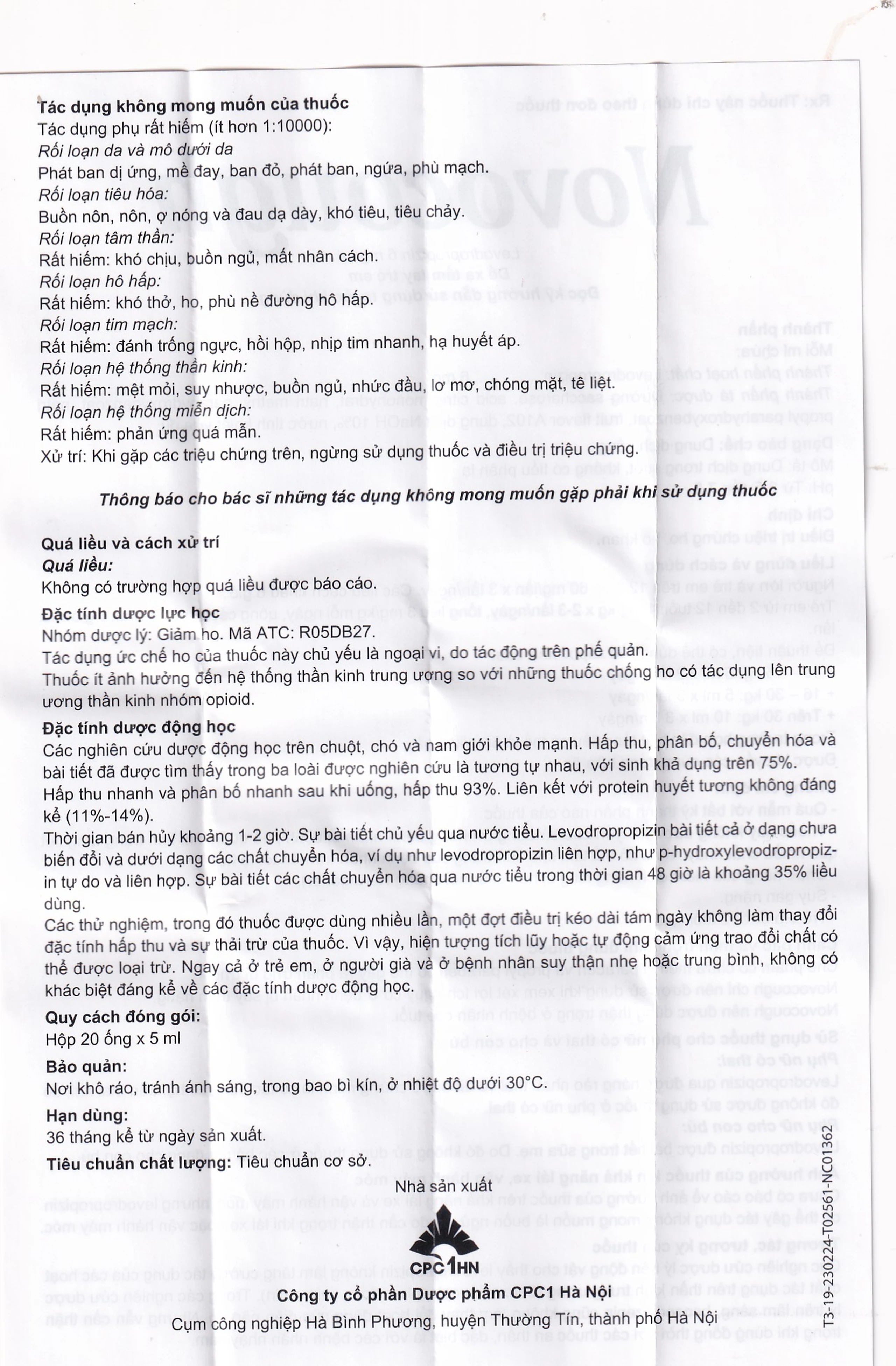 Dung dịch uống Novocough 6mg/ml CPC1HN điều trị triệu chứng ho (20 ống x 5ml)