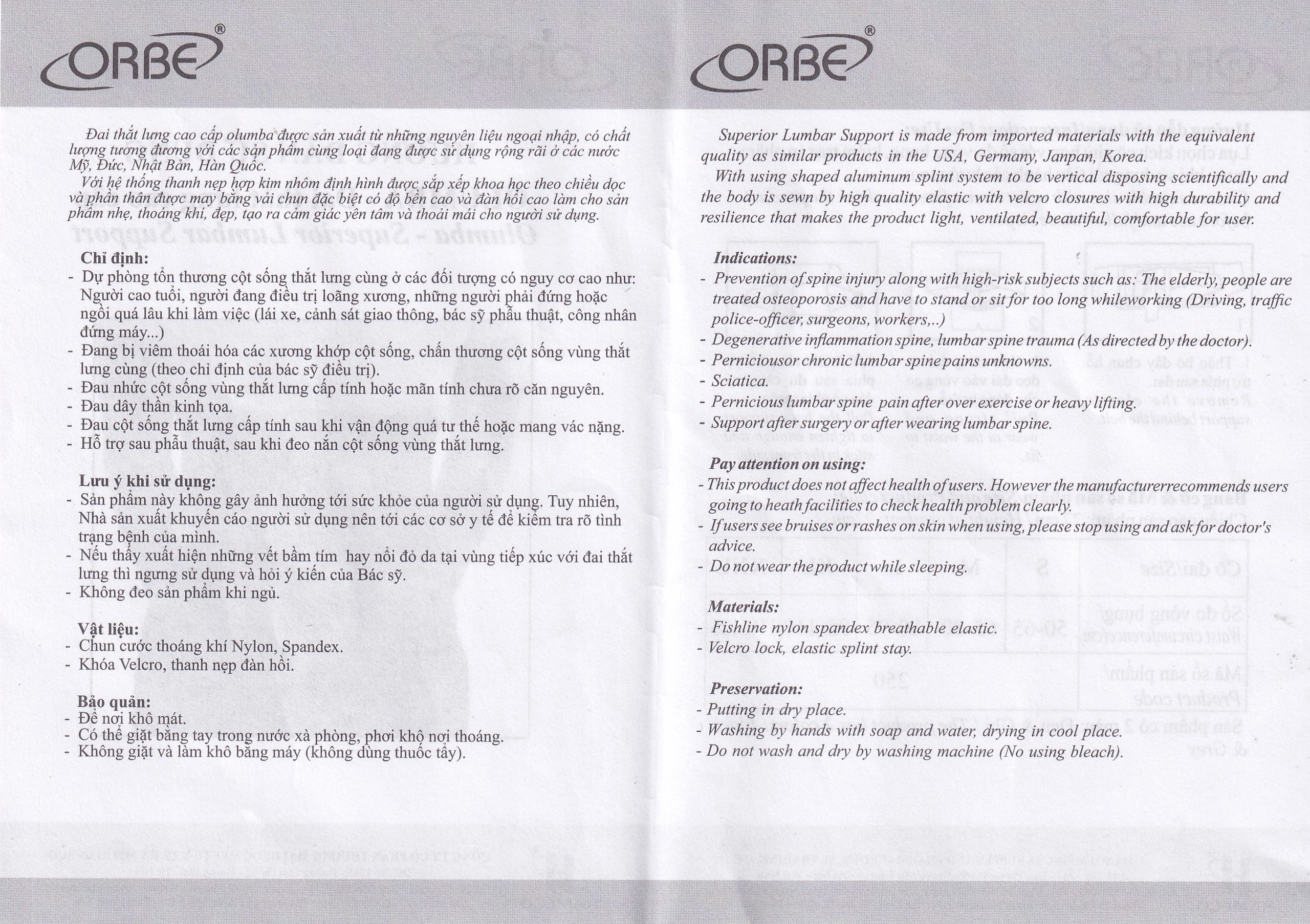 Đai thắt lưng Olumba Orbe size XL hỗ trợ giảm đau, cố định cột sống