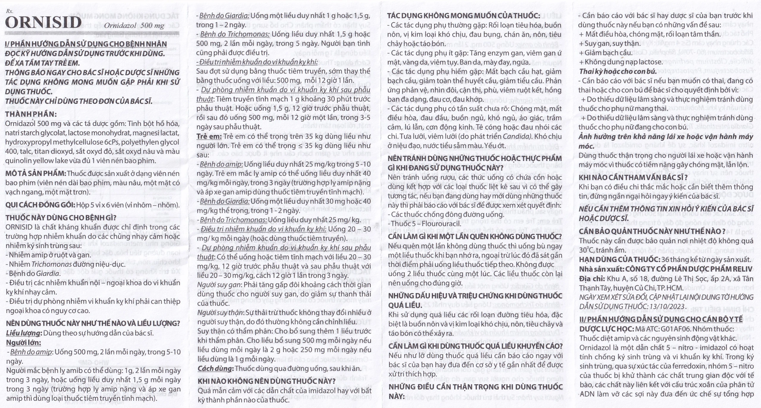 Thuốc Ornisid 500mg Reliv điều trị nhiễm amip ở ruột và gan (5 vỉ x 6 viên)